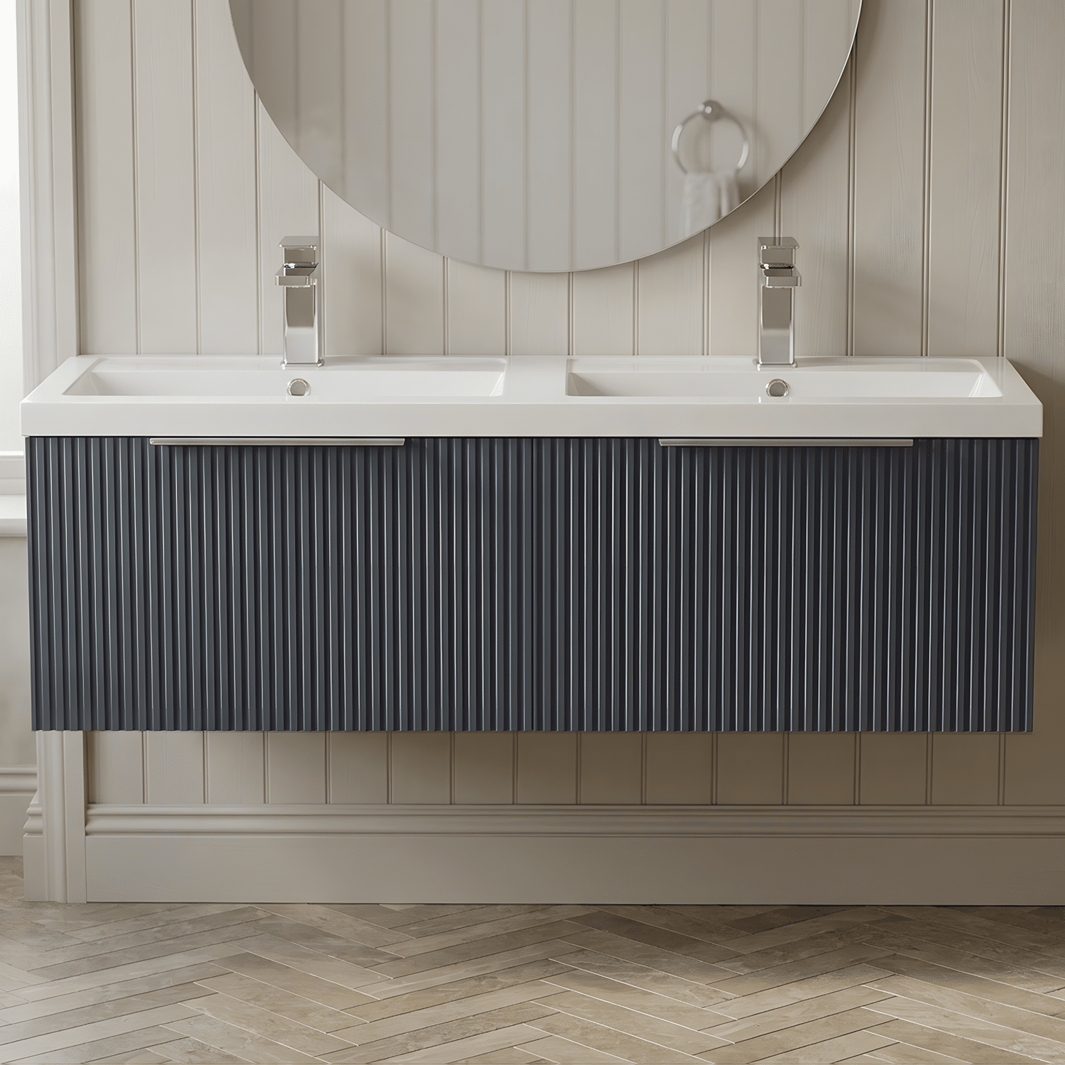 [BFFF1494C] Tixall Fluted Front Wall Hung Vanity Basin Unit with Choice of Size, Colour and Handle Options - Silo