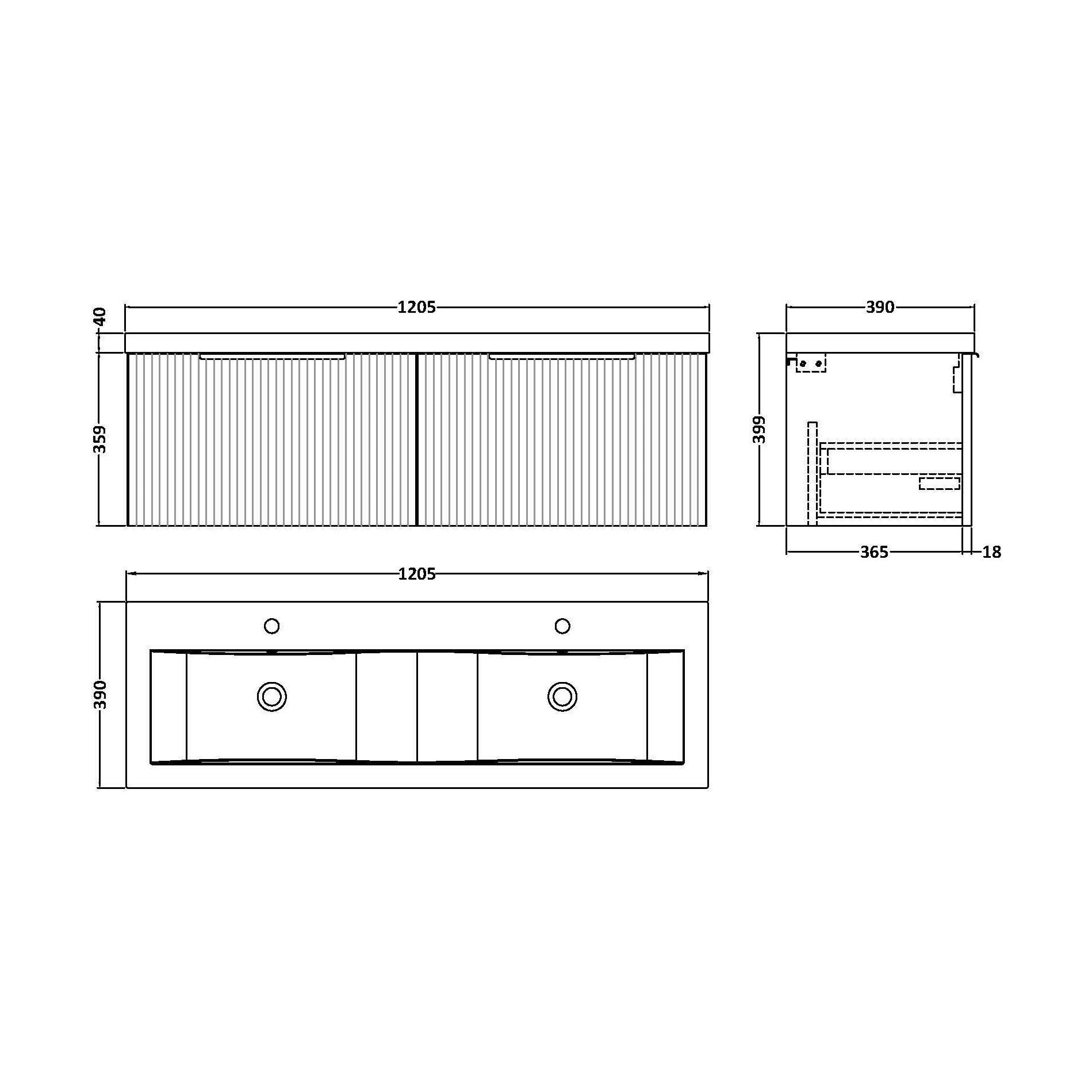 [BFFF1494F] Tixall Fluted 2 Drawer Wall Hung Vanity Unit with Double Basin, Dark Grey, 1200mm - Technical Drawing