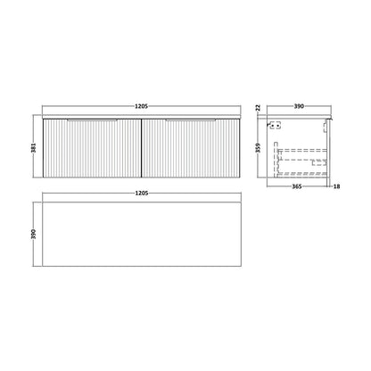 [BFFF1494LCM2] Tixall Fluted 2 Drawer Wall Hung Vanity Unit with Laminate Worktop, Dark Grey, 1200mm - Technical Drawing