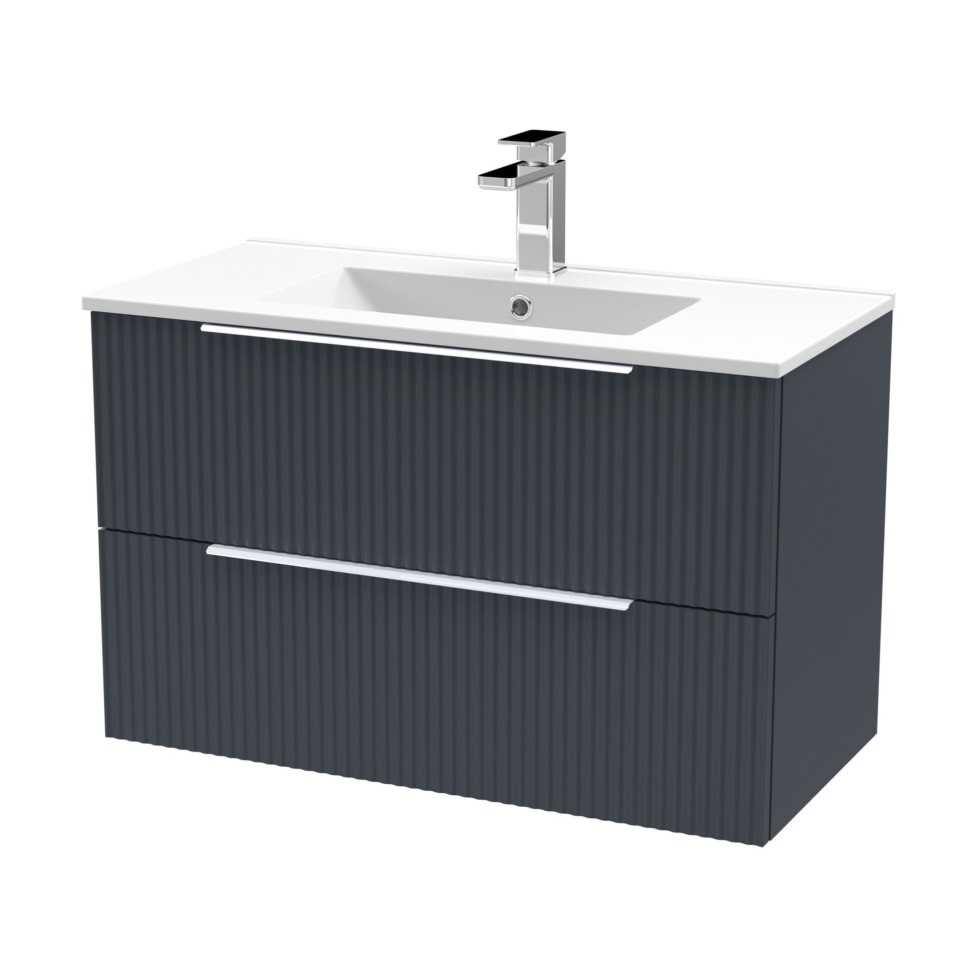 [BFFF1495B] Tixall Fluted 2 Drawer Wall Hung Vanity Unit with Minimalist Basin, Dark Grey, 800mm - Cutout