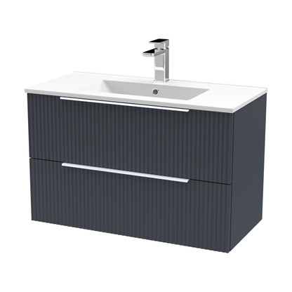 [BFFF1495B] Tixall Fluted 2 Drawer Wall Hung Vanity Unit with Minimalist Basin, Dark Grey, 800mm - Cutout