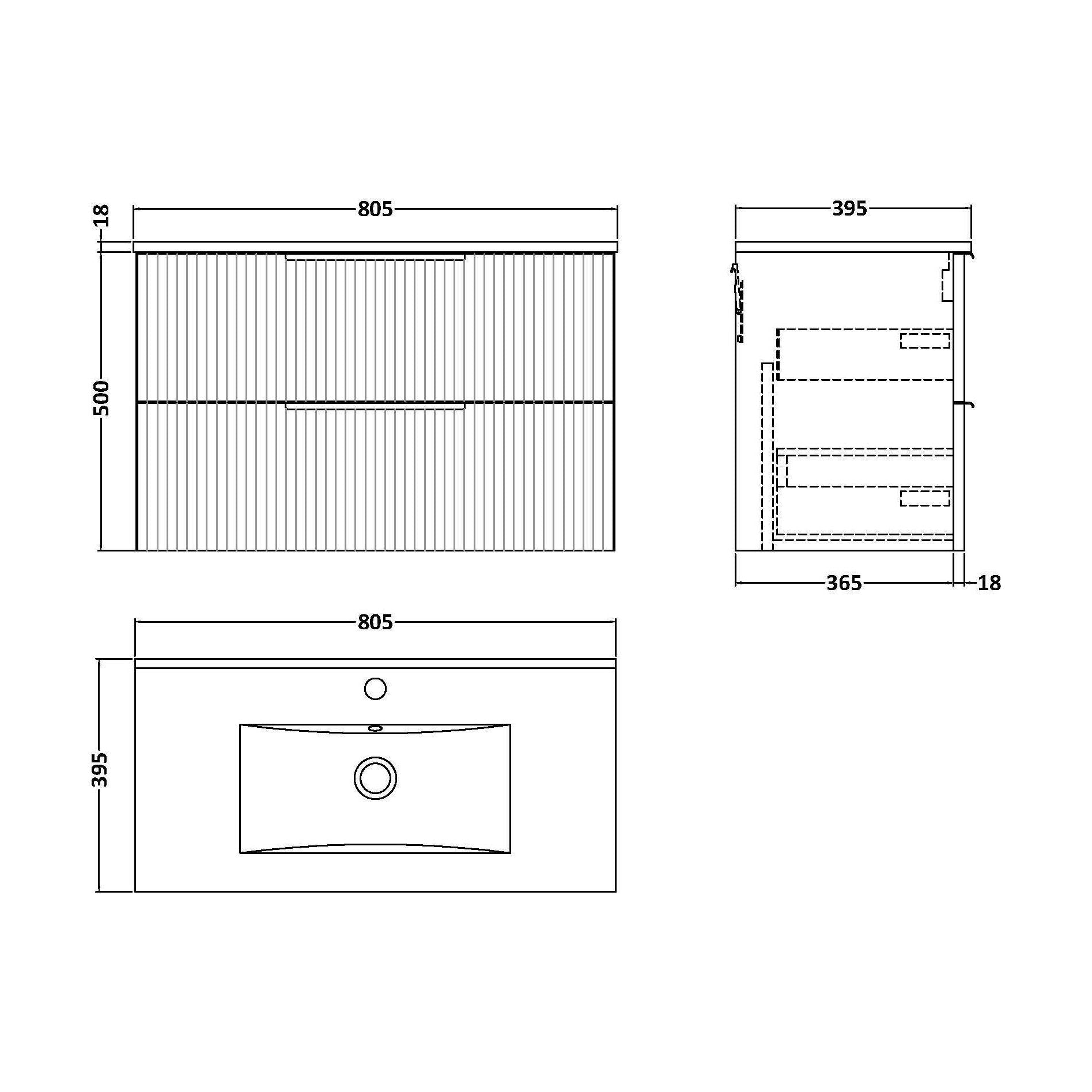 [BFFF1495B] Tixall Fluted 2 Drawer Wall Hung Vanity Unit with Minimalist Basin, Dark Grey, 800mm - Technical Drawing