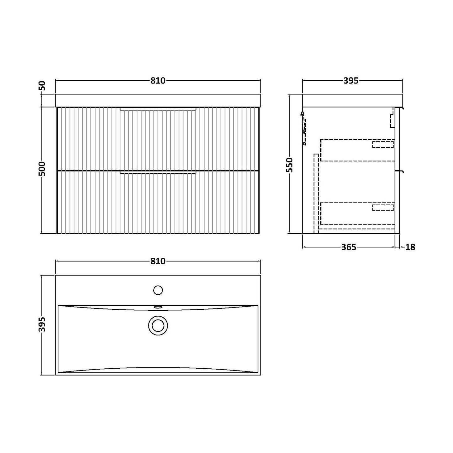 [BFFF1495D] Tixall Fluted 2 Drawer Wall Hung Vanity Unit with Thin Edge Basin, Dark Grey, 800mm - Technical Drawing