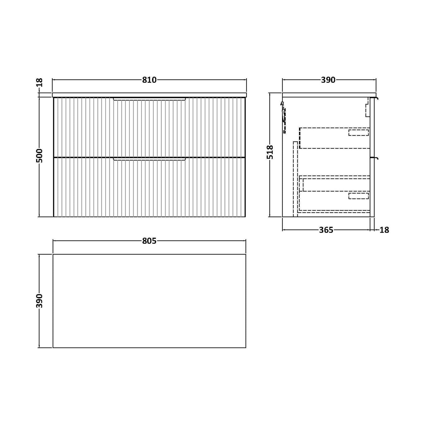 [BFFF1495W] Tixall Fluted 2 Drawer Wall Hung Vanity Unit with Worktop, Dark Grey, 800mm - Technical Drawing