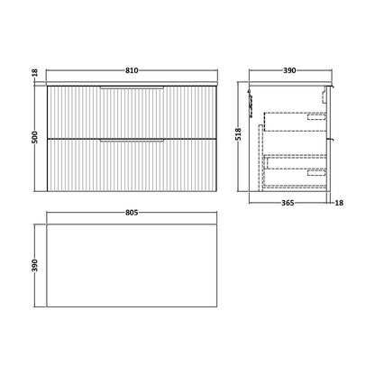 [BFFF1495W] Tixall Fluted 2 Drawer Wall Hung Vanity Unit with Worktop, Dark Grey, 800mm - Technical Drawing