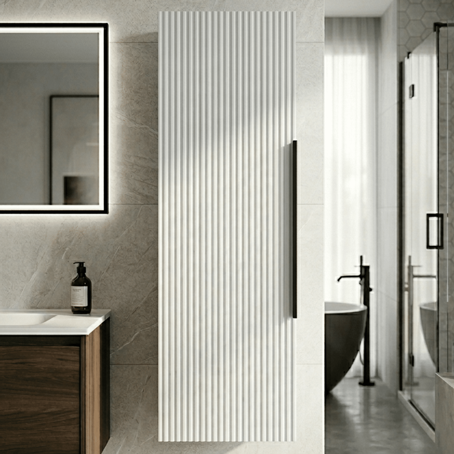 [BFFF162H225] Tixall Fluted Wall Hung Tall Bathroom Storage Unit, 400mm, Multiple Colours and Handle Options - Silo
