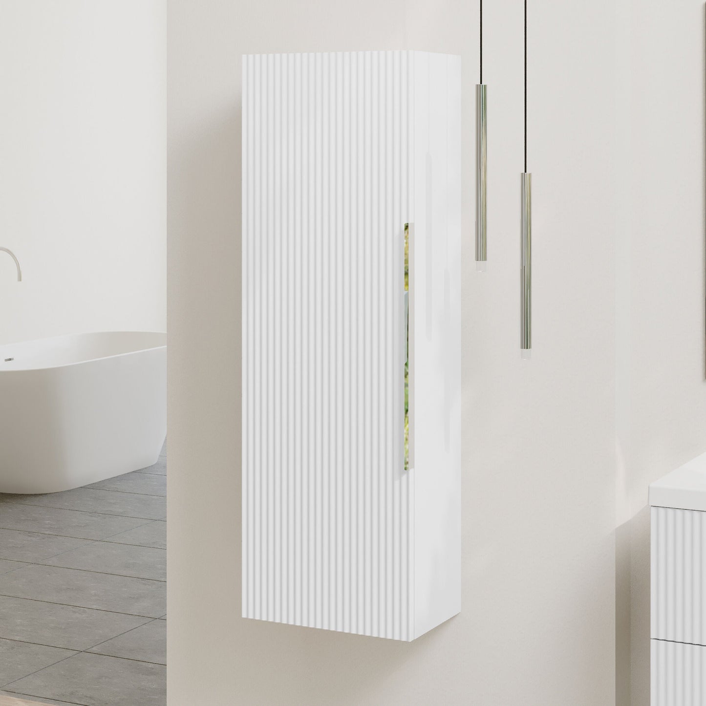 [BFFF162] Tixall Fluted Wall Hung Tall Bathroom Storage Unit, 400mm, Multiple Colours and Handle Options - Lifestyle 3