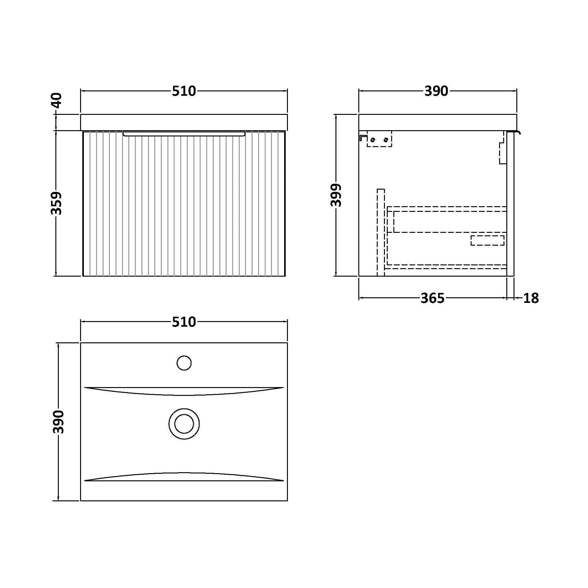 [BFFF191A] Tixall Fluted Front Wall Hung Vanity Basin Unit with Choice of Size, Colour and Handle Options - Technical Drawing