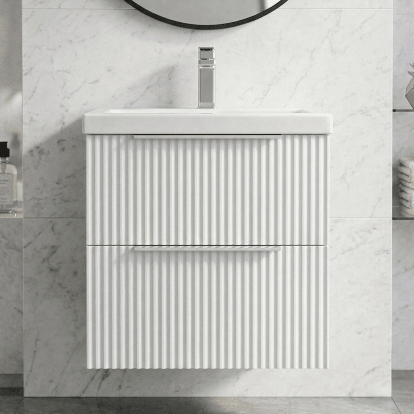 [BFFF192A] Tixall Fluted Front Wall Hung Vanity Basin Unit with Choice of Size, Colour and Handle Options - Silo