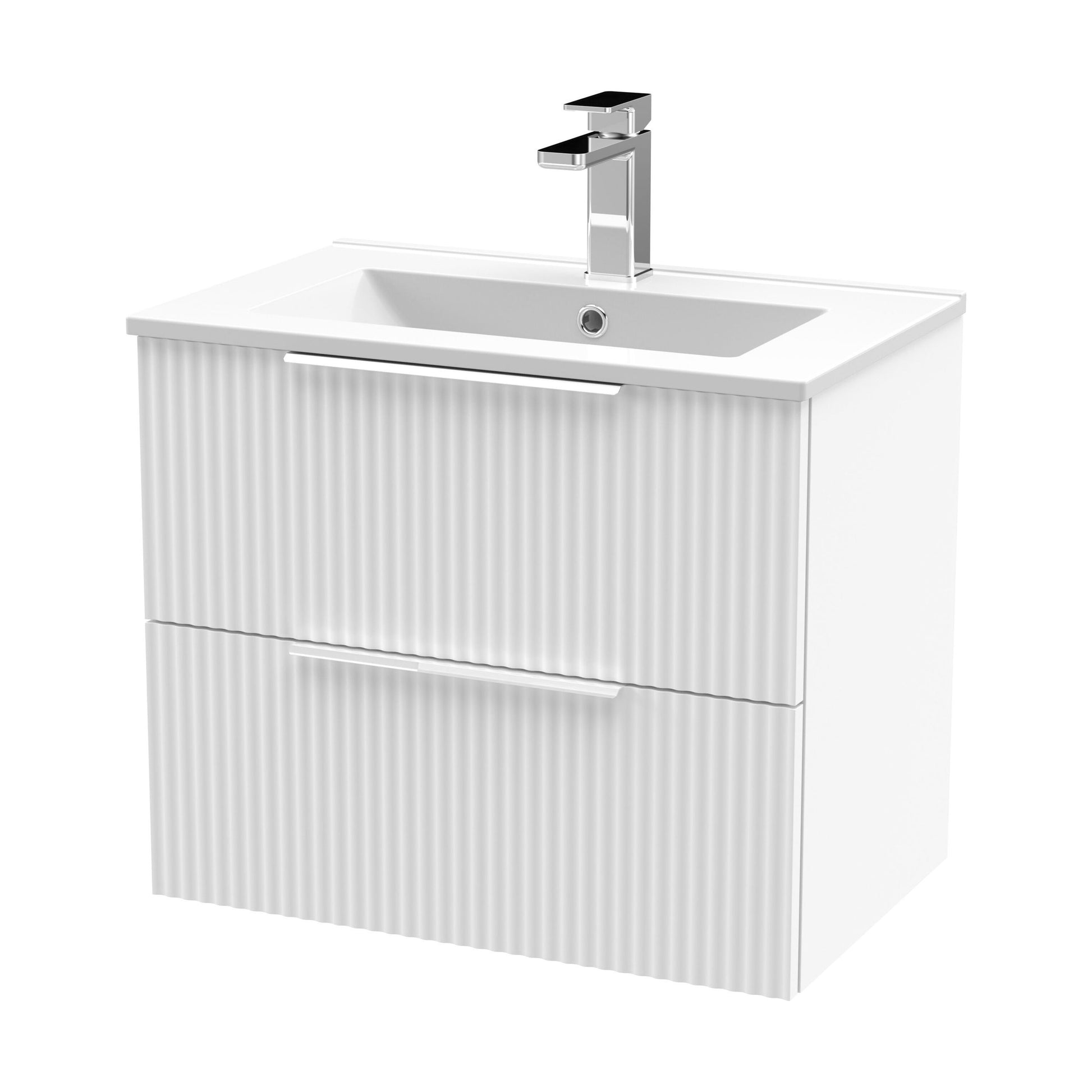 [BFFF193B] Tixall Fluted 2 Drawer Wall Hung Vanity Unit with Minimalist Basin, Satin White, 600mm - Cutout