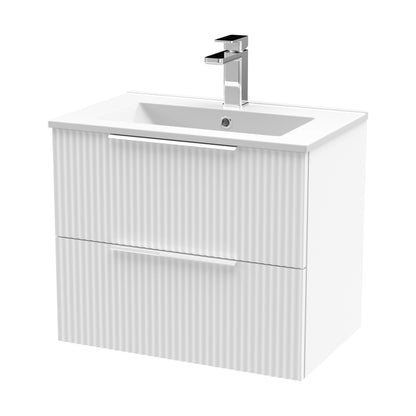 [BFFF193B] Tixall Fluted 2 Drawer Wall Hung Vanity Unit with Minimalist Basin, Satin White, 600mm - Cutout