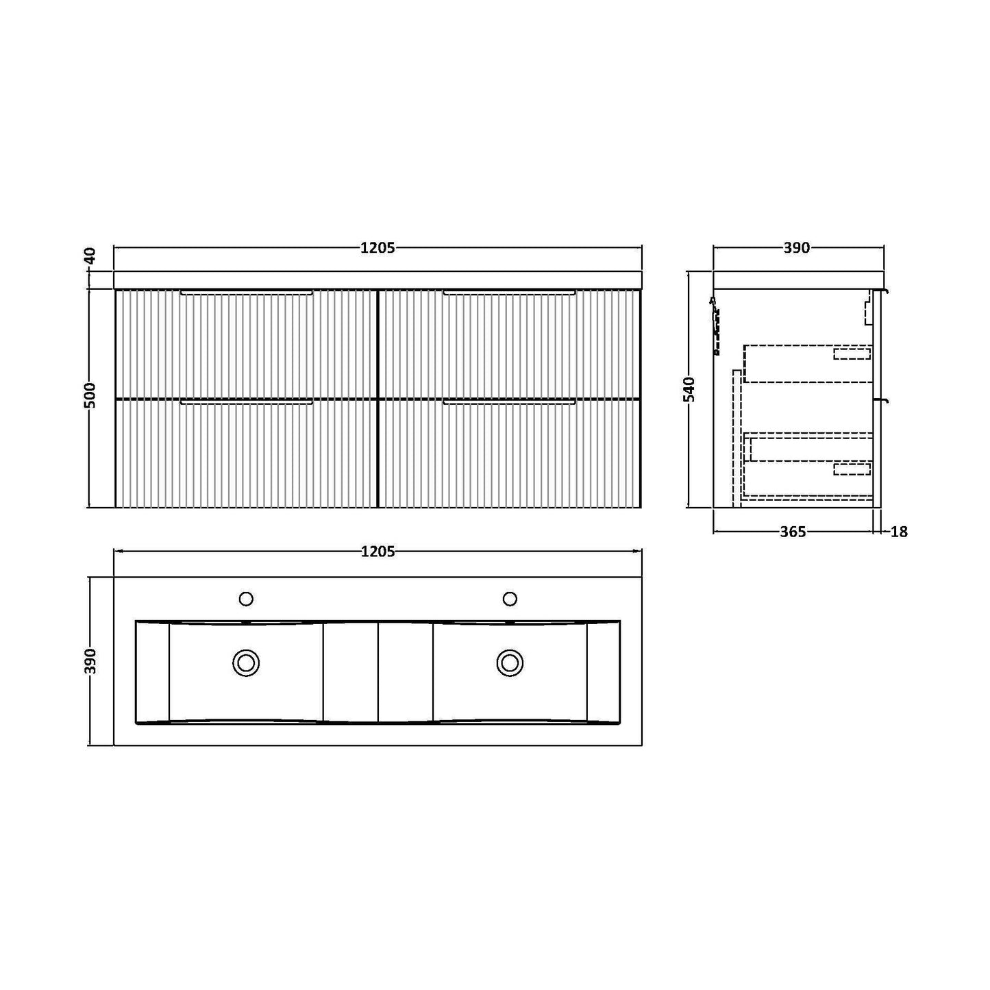 [BFFF193F] Tixall Fluted 4 Drawer Wall Hung Vanity Unit with Double Basin, Satin White, 1200mm - Technical Drawing