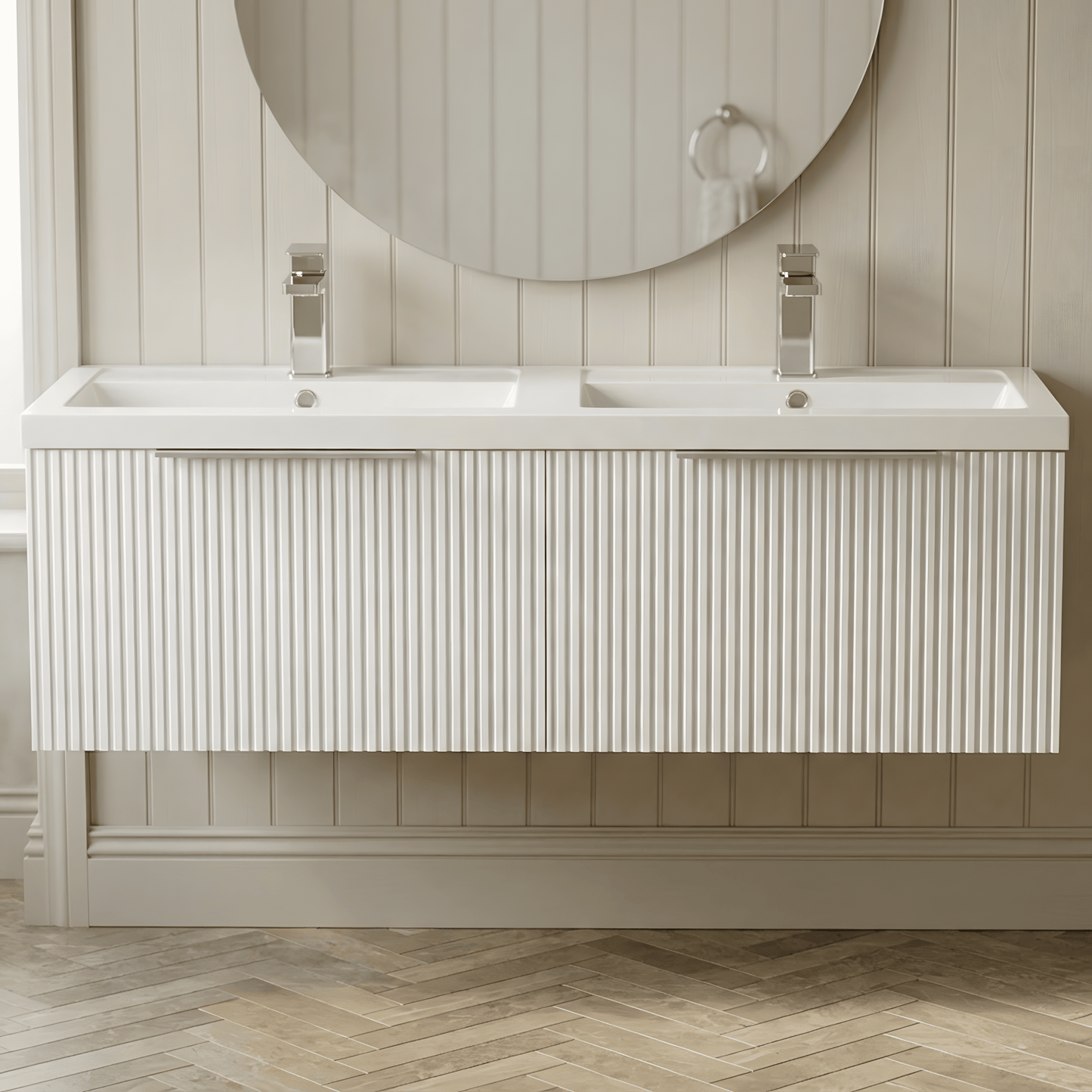 [BFFF194C] Tixall Fluted Front Wall Hung Vanity Basin Unit with Choice of Size, Colour and Handle Options - Silo