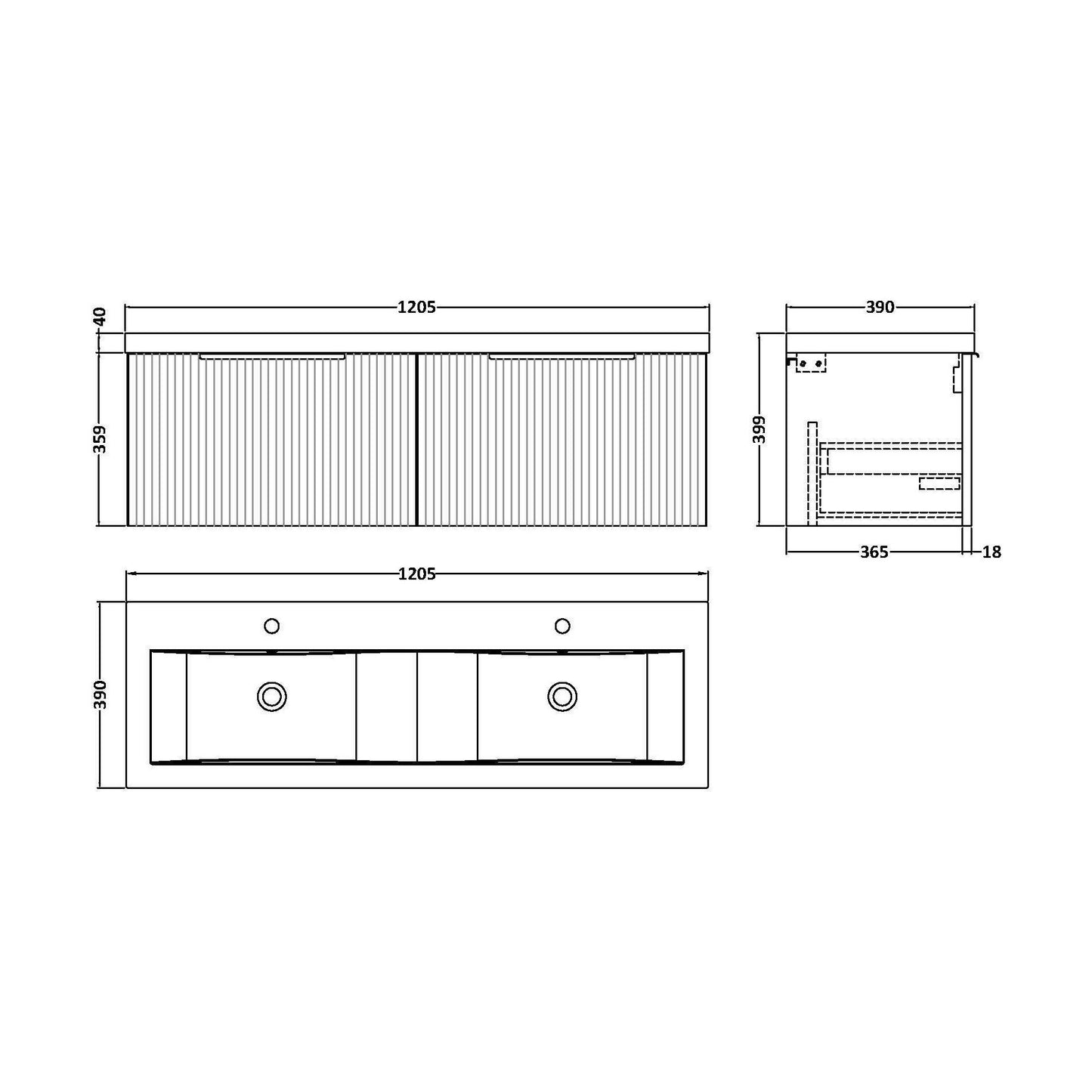 [BFFF194F] Tixall Fluted 2 Drawer Wall Hung Vanity Unit with Double Basin, Satin White, 1200mm - Technical Drawing