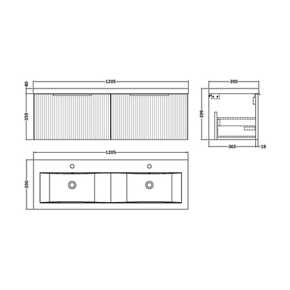 [BFFF194F] Tixall Fluted 2 Drawer Wall Hung Vanity Unit with Double Basin, Satin White, 1200mm - Technical Drawing