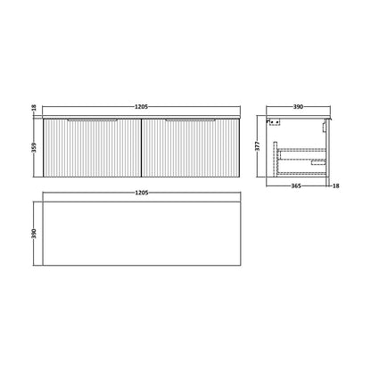 [BFFF194W2] Tixall Fluted 2 Drawer Wall Hung Vanity Unit with Worktop, Satin White, 1200mm - Technical Drawing