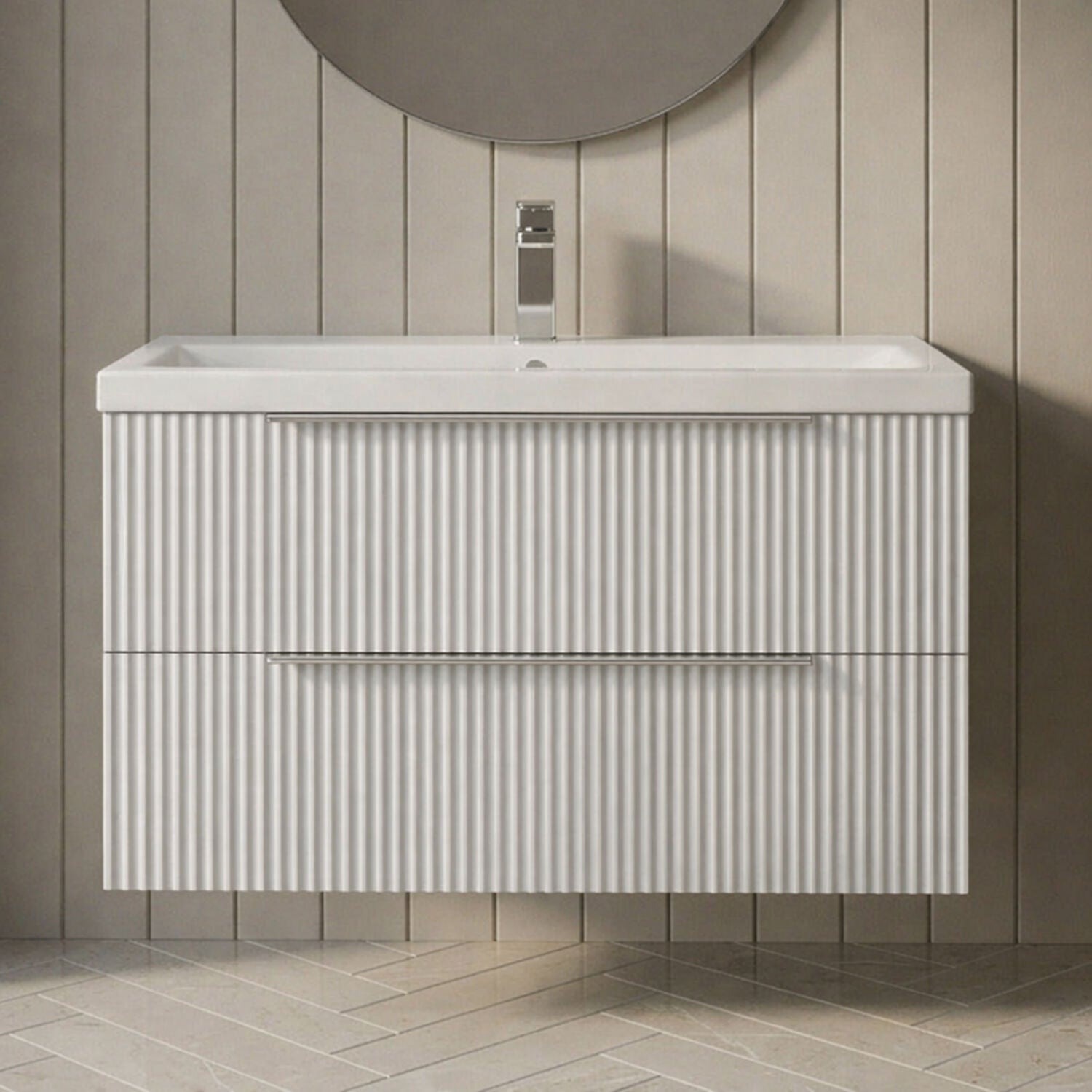 [BFFF195A] Tixall Fluted Front Wall Hung Vanity Basin Unit 800mm - 2 Drawer - Silo
