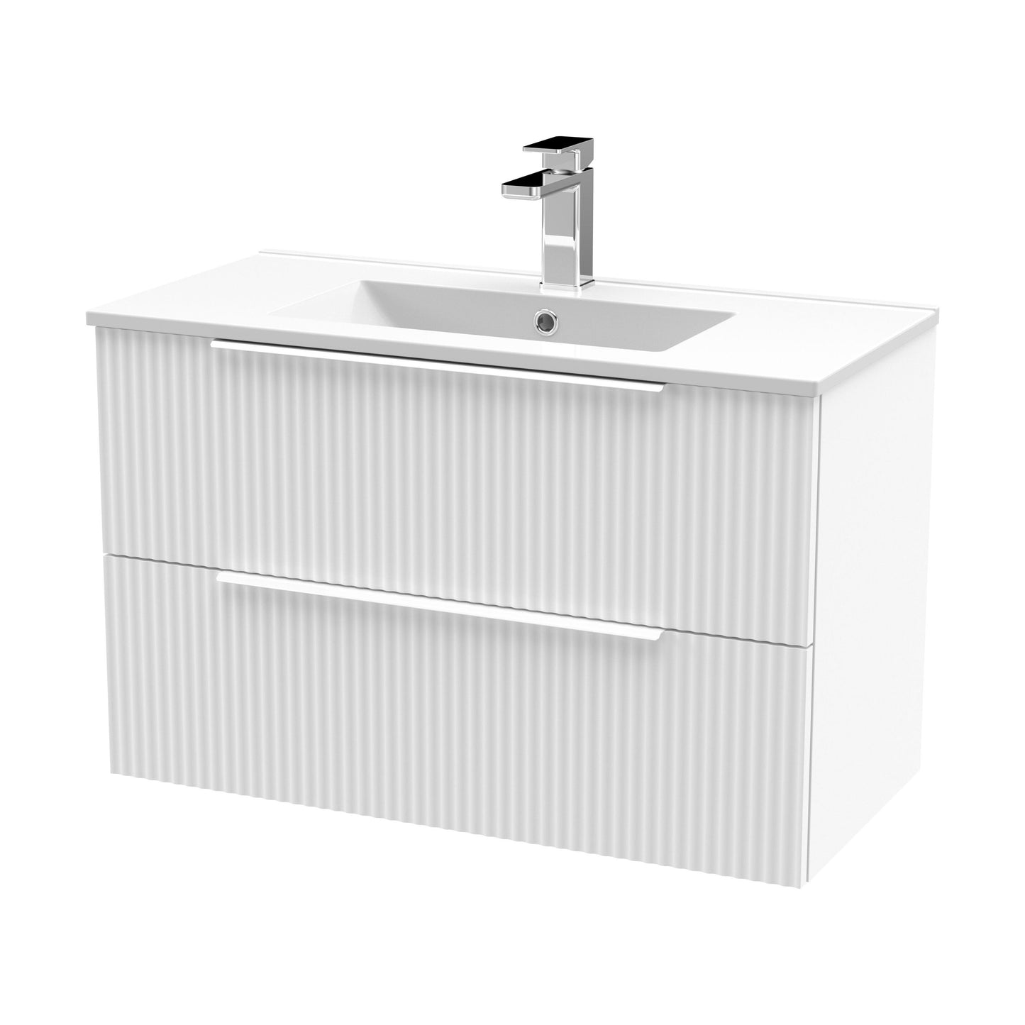 [BFFF195B] Tixall Fluted 2 Drawer Wall Hung Vanity Unit with Minimalist Basin, Satin White, 800mm - Cutout