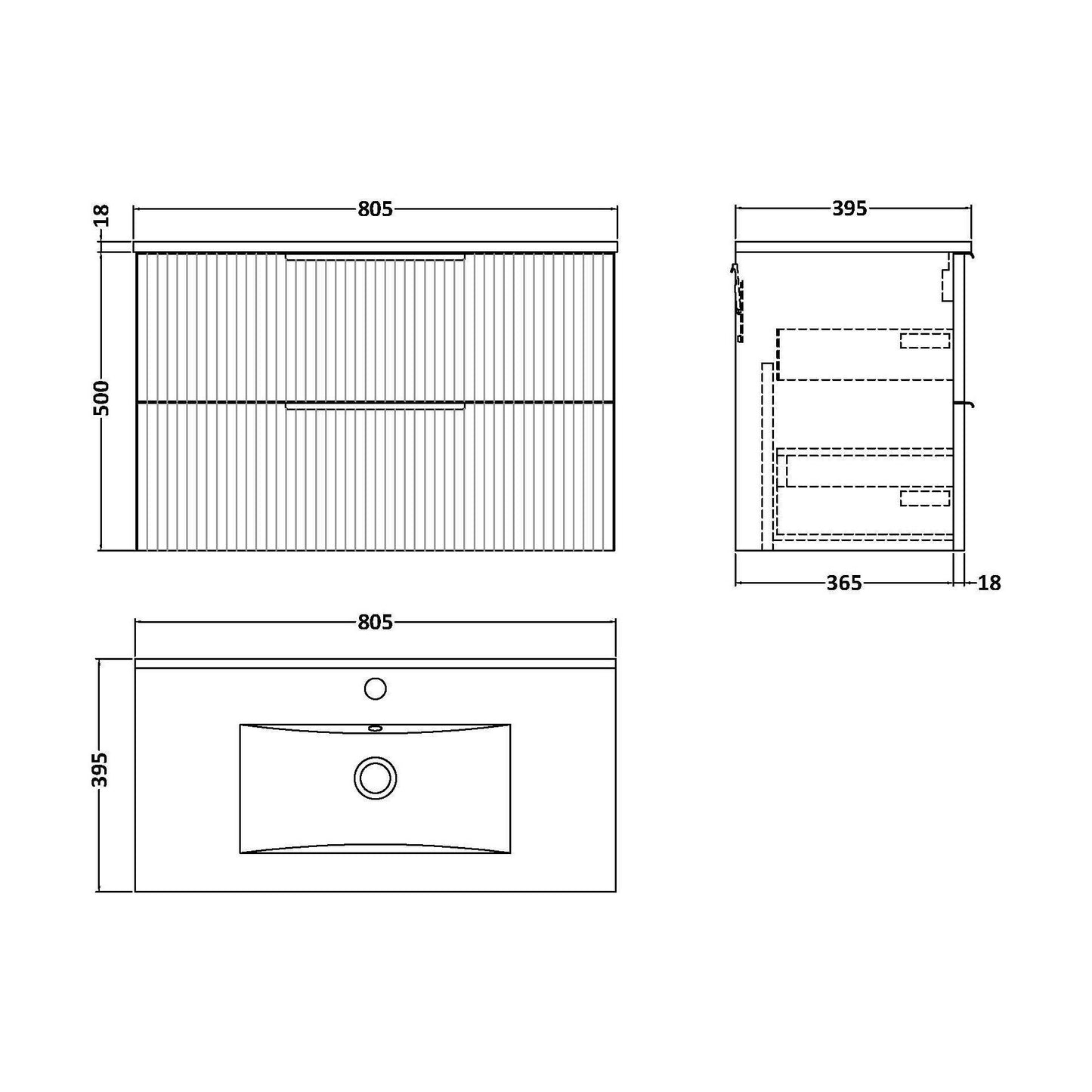 [BFFF195B] Tixall Fluted 2 Drawer Wall Hung Vanity Unit with Minimalist Basin, Satin White, 800mm - Technical Drawing