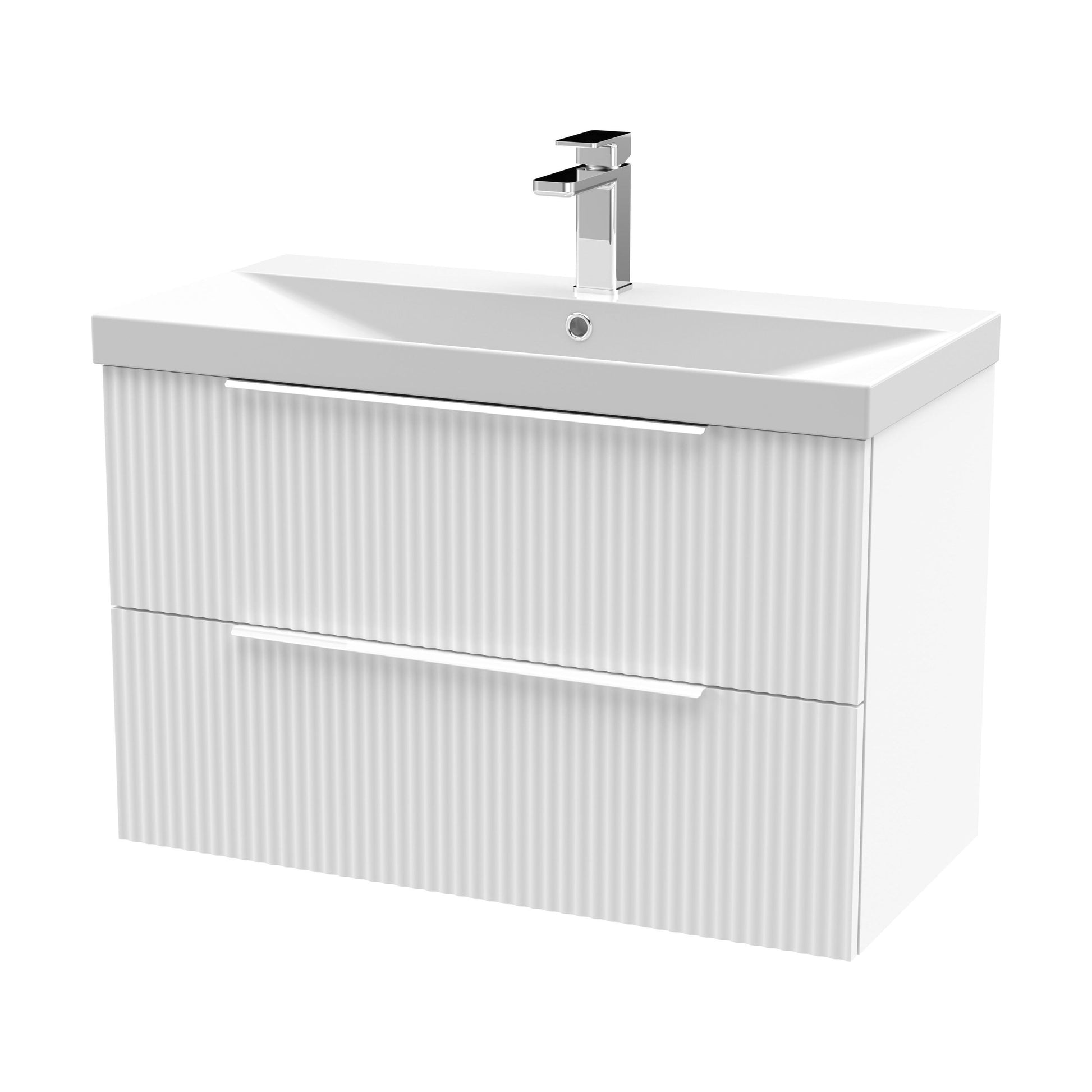 [BFFF195D] Tixall Fluted 2 Drawer Wall Hung Vanity Unit with Thin Edge Basin, Satin White, 800mm - Cutout