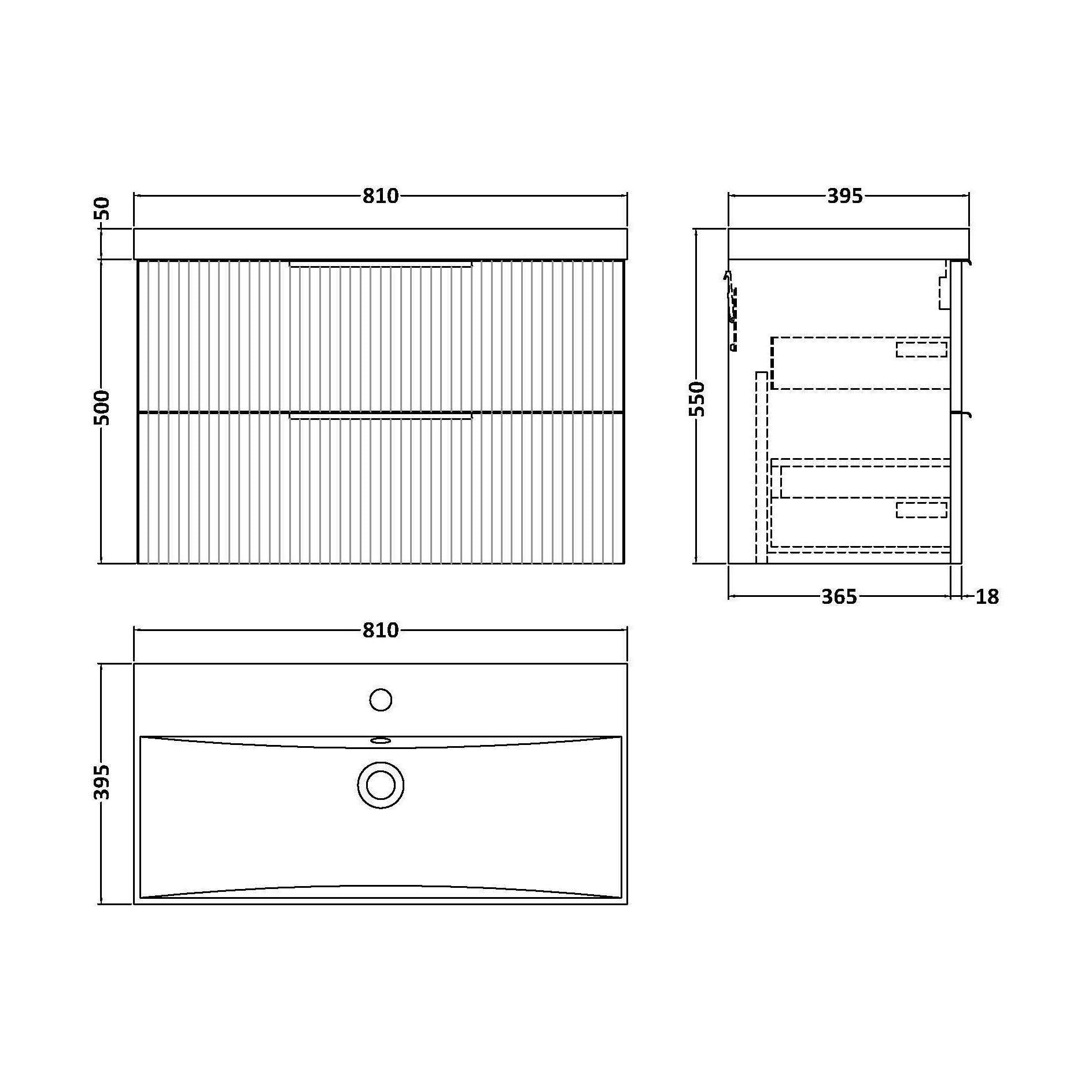 [BFFF195D] Tixall Fluted 2 Drawer Wall Hung Vanity Unit with Thin Edge Basin, Satin White, 800mm - Technical Drawing