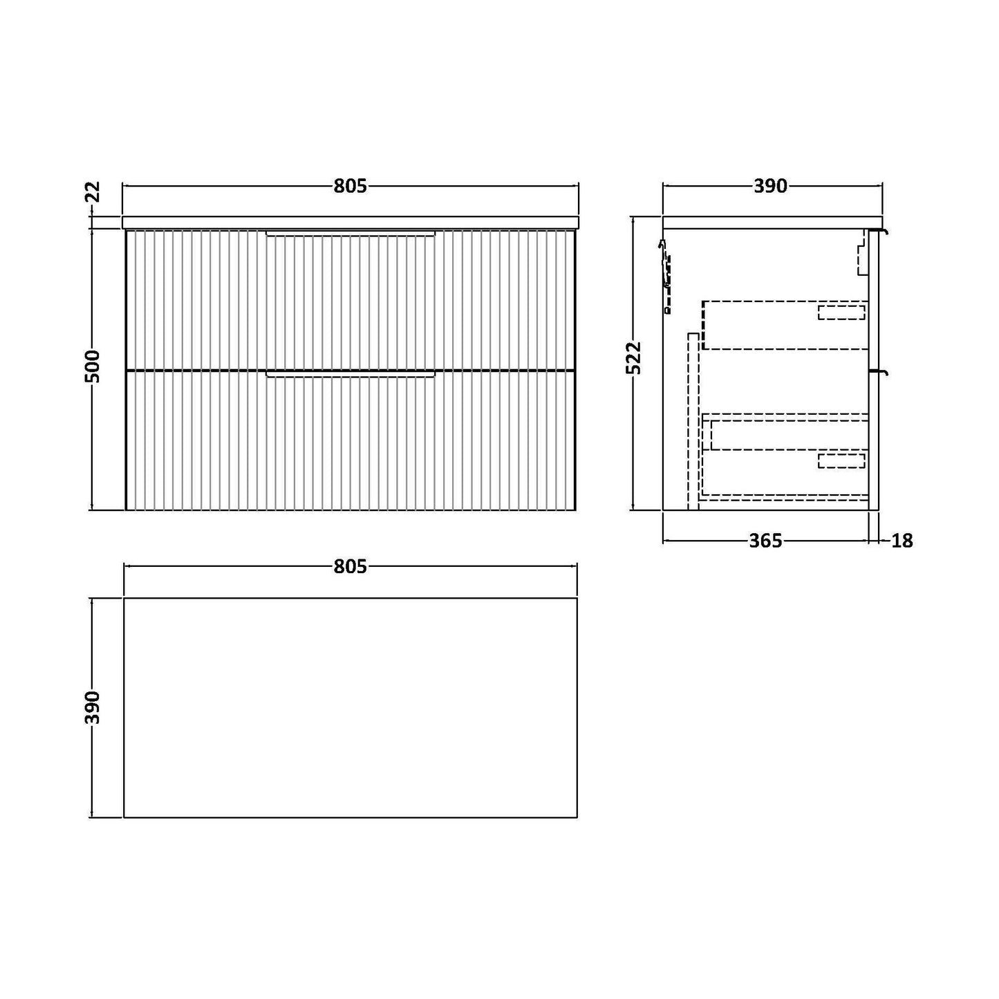 [BFFF195LCM] Tixall Fluted 2 Drawer Wall Hung Vanity Unit with Laminate Worktop, Satin White, 800mm - Technical Drawing