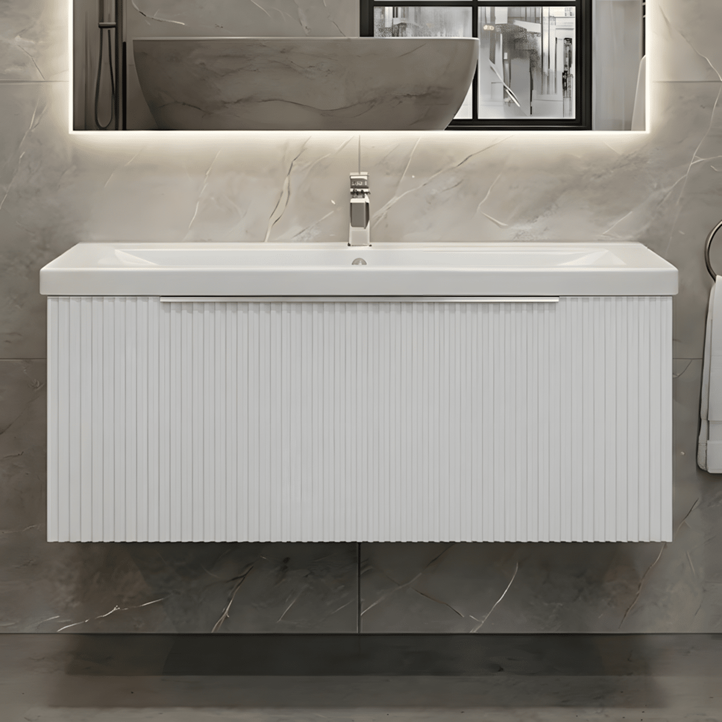 [BFFF196A] Tixall Fluted Front Wall Hung Vanity Basin Unit with Choice of Size, Colour and Handle Options - Silo