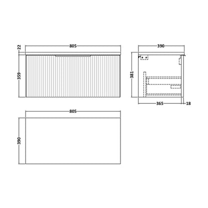 [BFFF196LBG] Tixall Fluted 1 Drawer Wall Hung Vanity Unit with Laminate Worktop, Satin White, 800mm - Technical Drawing