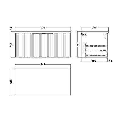 [BFFF196W] Tixall Fluted 1 Drawer Wall Hung Vanity Unit with Worktop, Satin White, 800mm - Technical Drawing