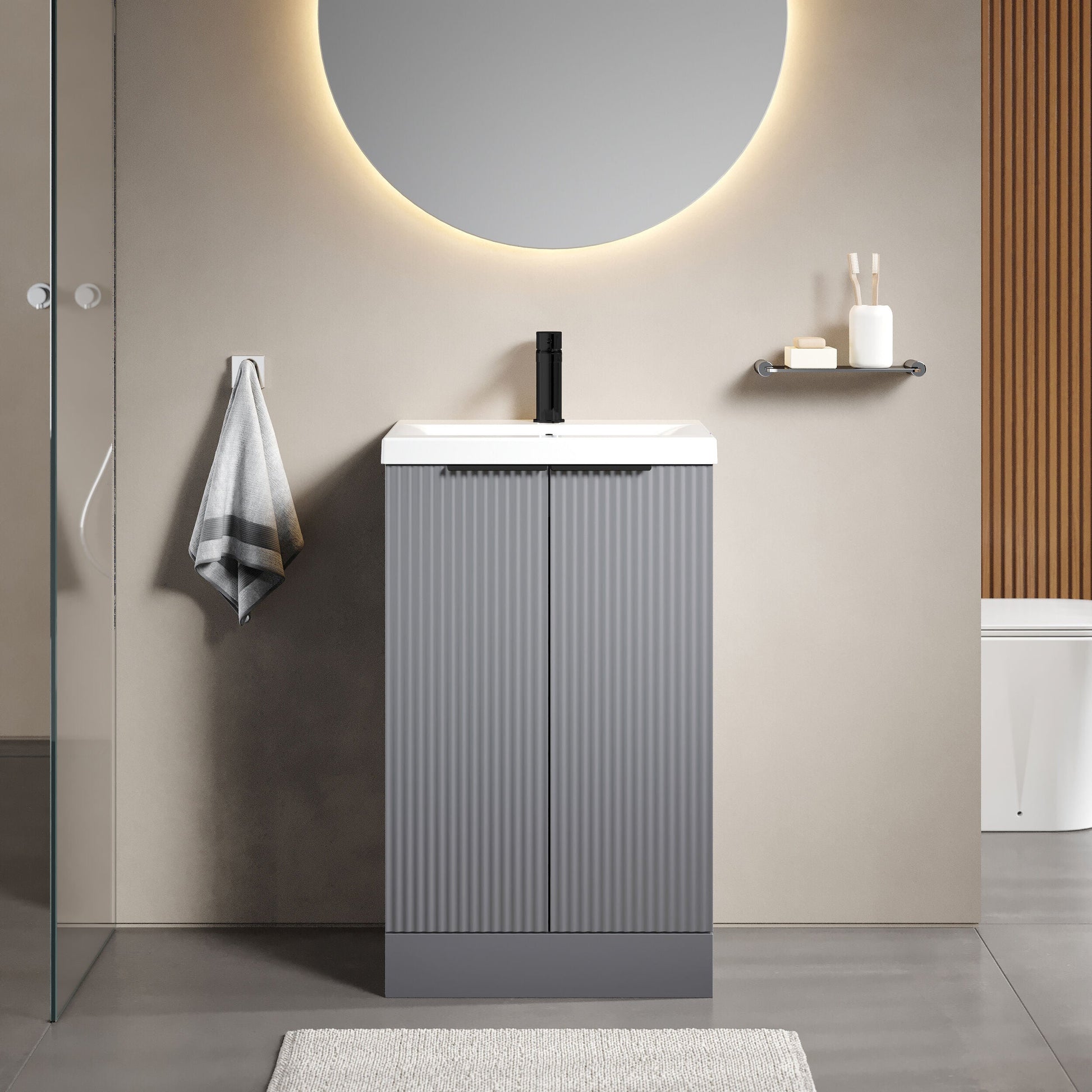 [BFFF223AH224] Tixall Fluted Front Floor Standing Vanity Basin Unit with Choice of Size, Colour and Handle Options - Lifestyle 1