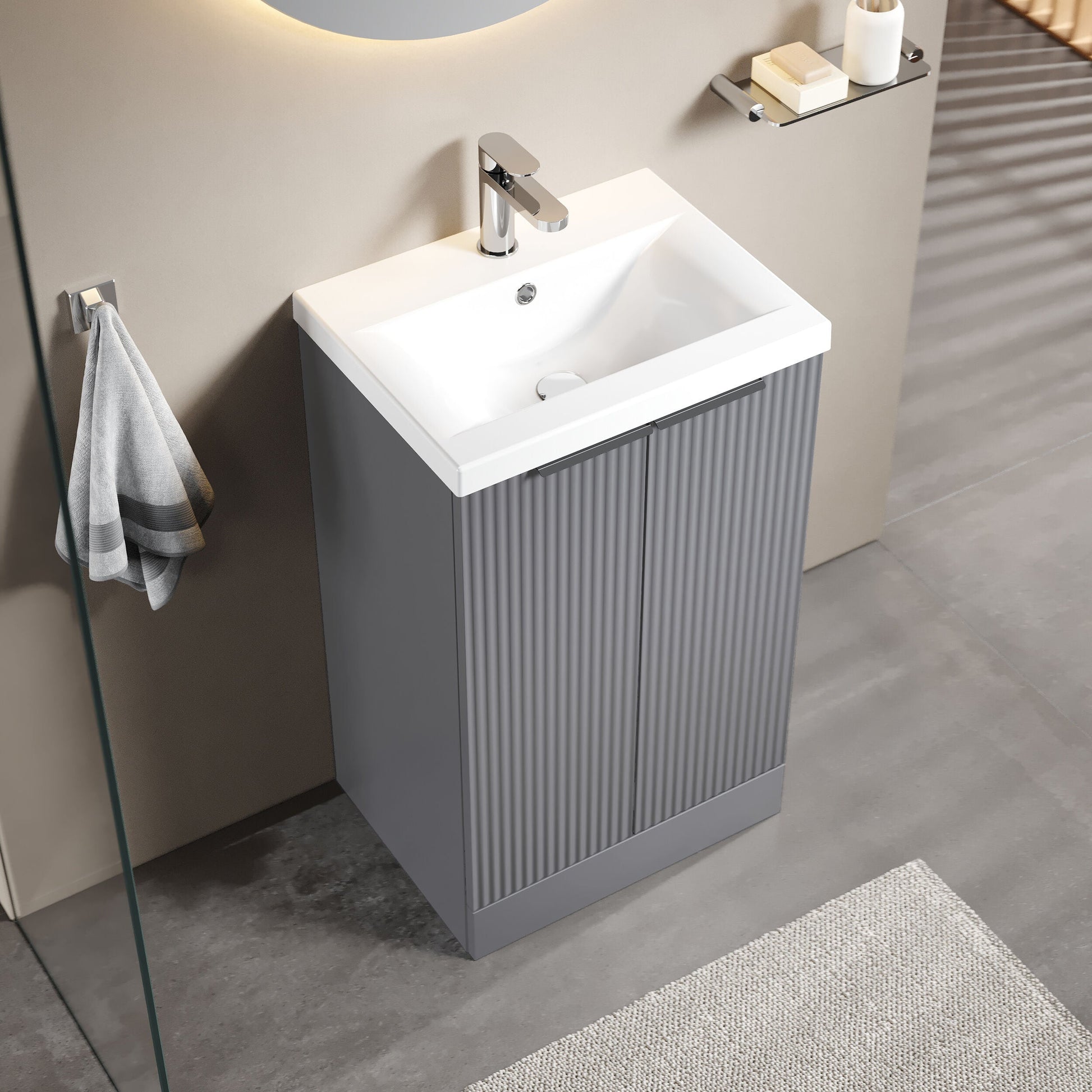 [BFFF223A] Tixall Fluted Front Floor Standing Vanity Basin Unit with Choice of Size, Colour and Handle Options - Lifestyle 2