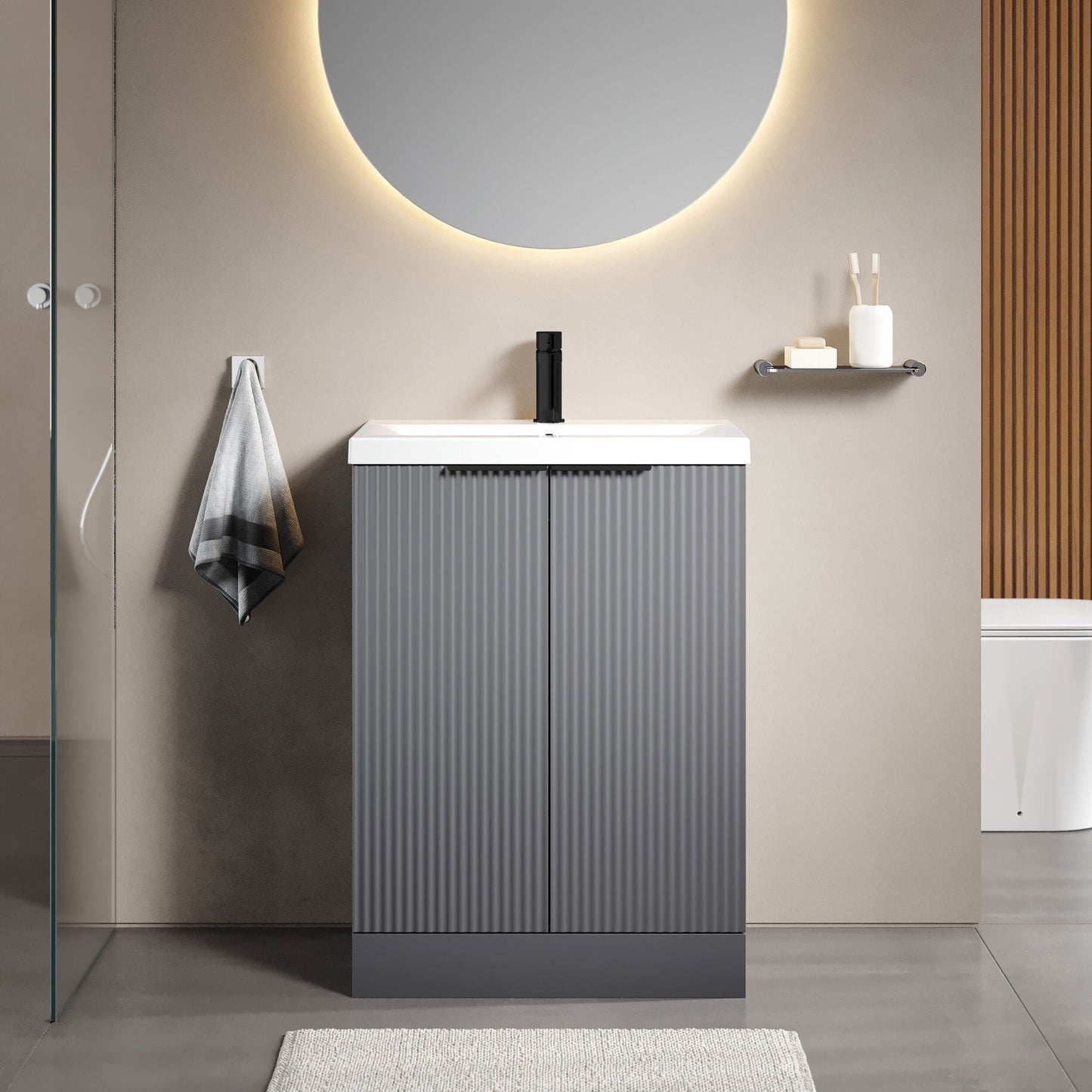 [BFFF225AH224] Tixall Fluted Front Floor Standing Vanity Basin Unit with Choice of Size, Colour and Handle Options - Lifestyle 1