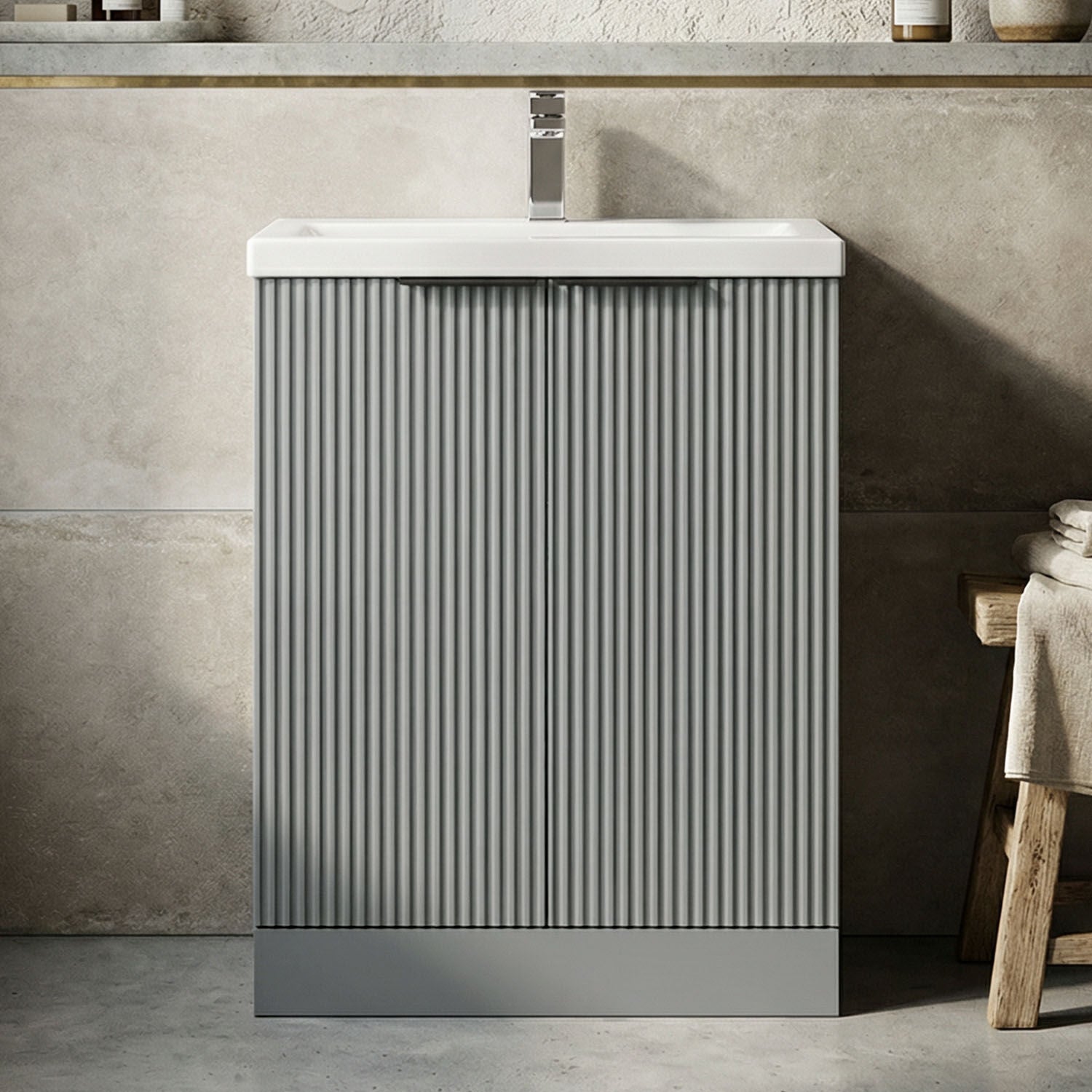 [BFFF225AH224] Tixall Fluted Front Floor Standing Vanity Basin Unit with Choice of Size, Colour and Handle Options - Silo