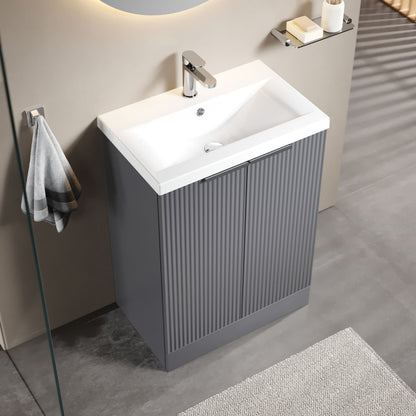 [BFFF225A] Balterley Fluted Front Floor Standing 2 Door Vanity Basin Unit with Ceramic Basin 600mm - Satin Grey - Lifestyle 2