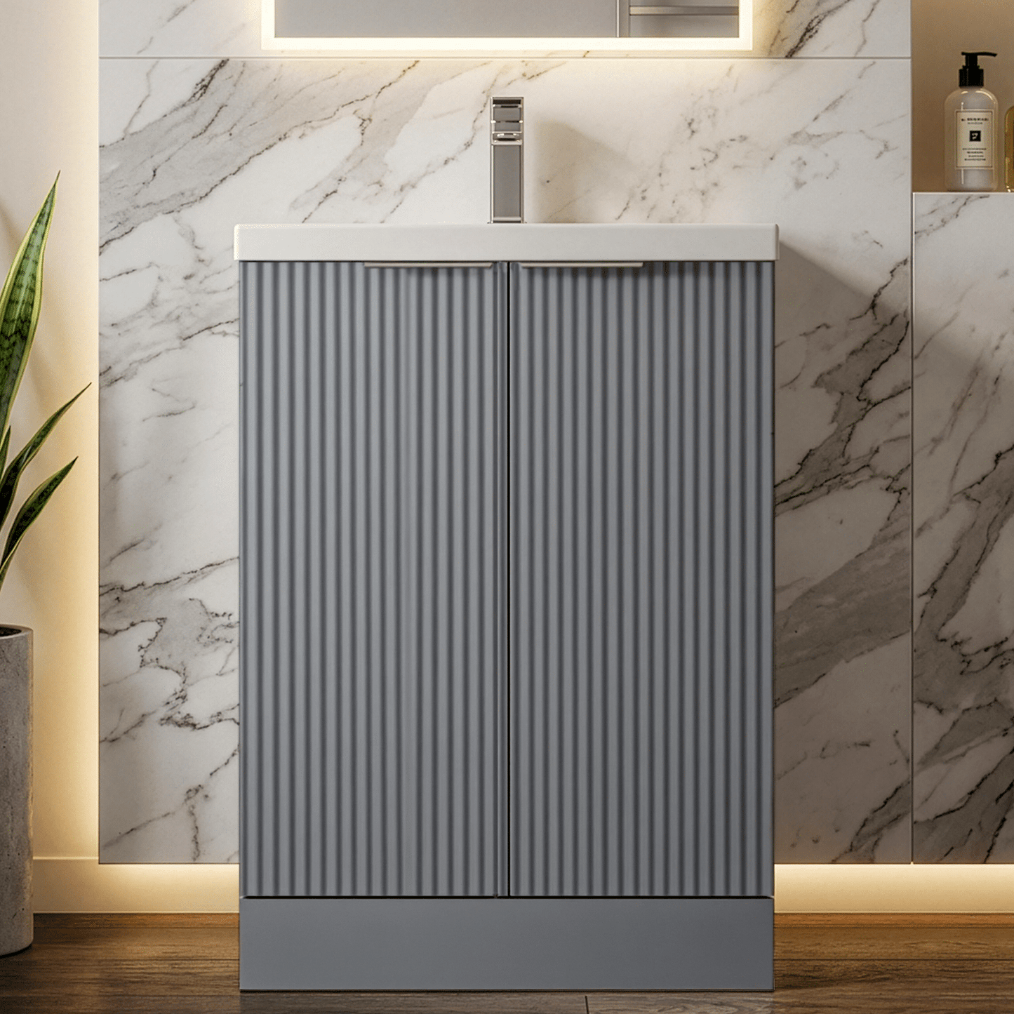 [BFFF225A] Balterley Fluted Front Floor Standing 2 Door Vanity Basin Unit with Ceramic Basin 600mm - Satin Grey - Silo