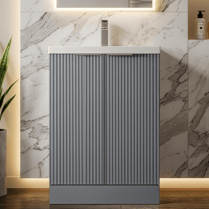 [BFFF225A] Balterley Fluted Front Floor Standing 2 Door Vanity Basin Unit with Ceramic Basin 600mm - Satin Grey - Silo