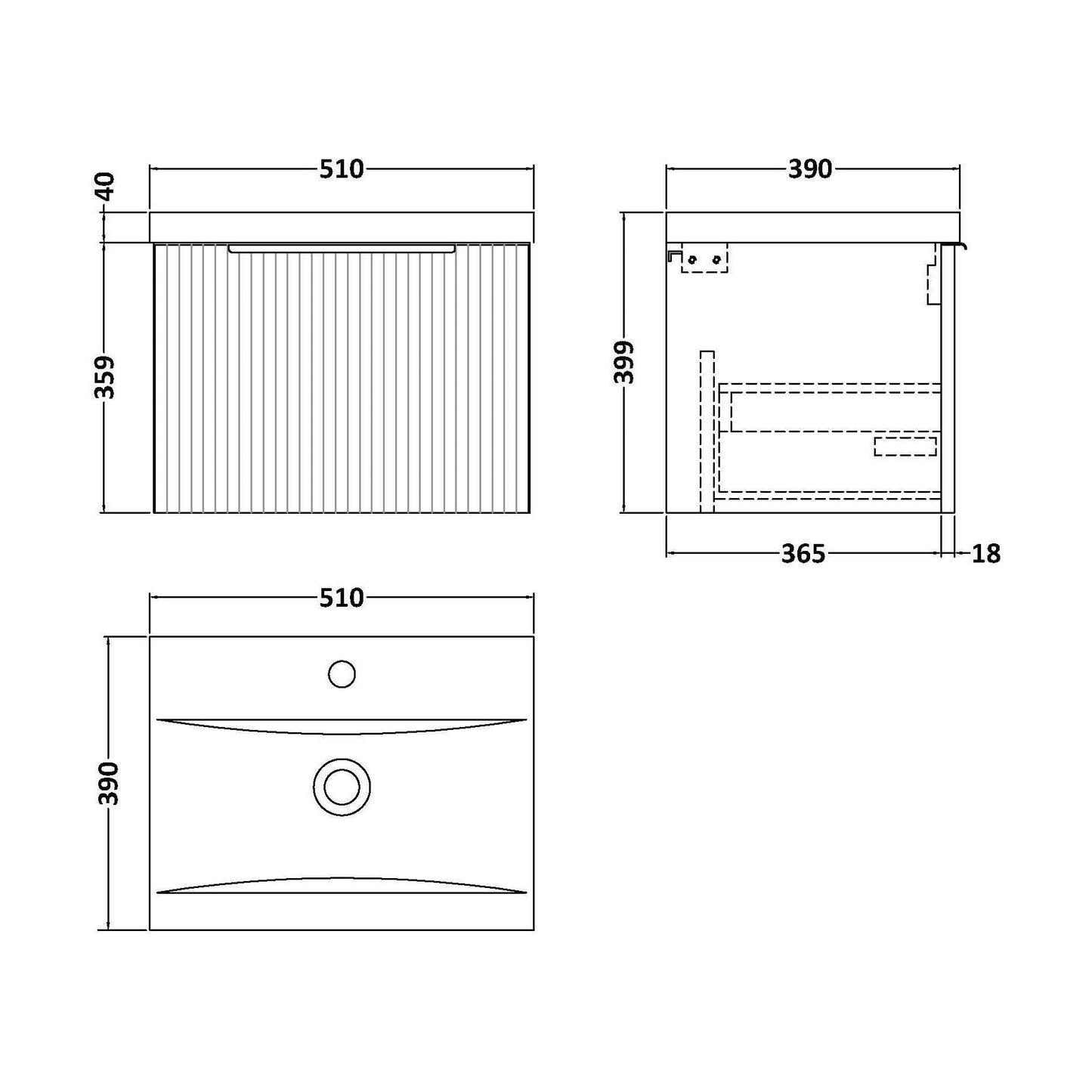 [BFFF291A] Tixall Fluted Front Wall Hung Vanity Basin Unit with Choice of Size, Colour and Handle Options - Technical Drawing