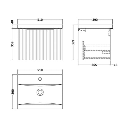 [BFFF291A] Tixall Fluted Front Wall Hung Vanity Basin Unit with Choice of Size, Colour and Handle Options - Technical Drawing