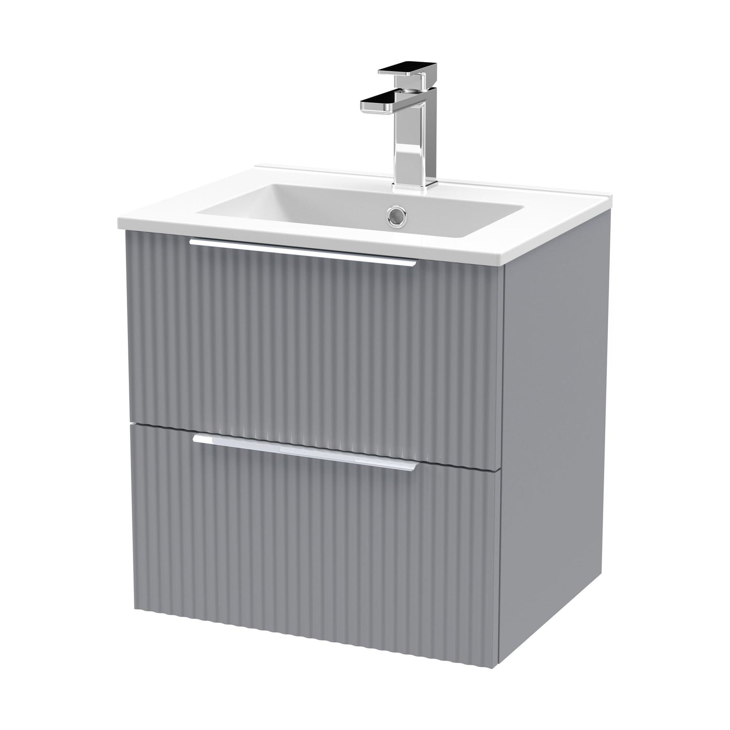 [BFFF292B] Tixall Fluted 2 Drawer Wall Hung Vanity Unit with Minimalist Basin, Satin Grey, 500mm - Cutout