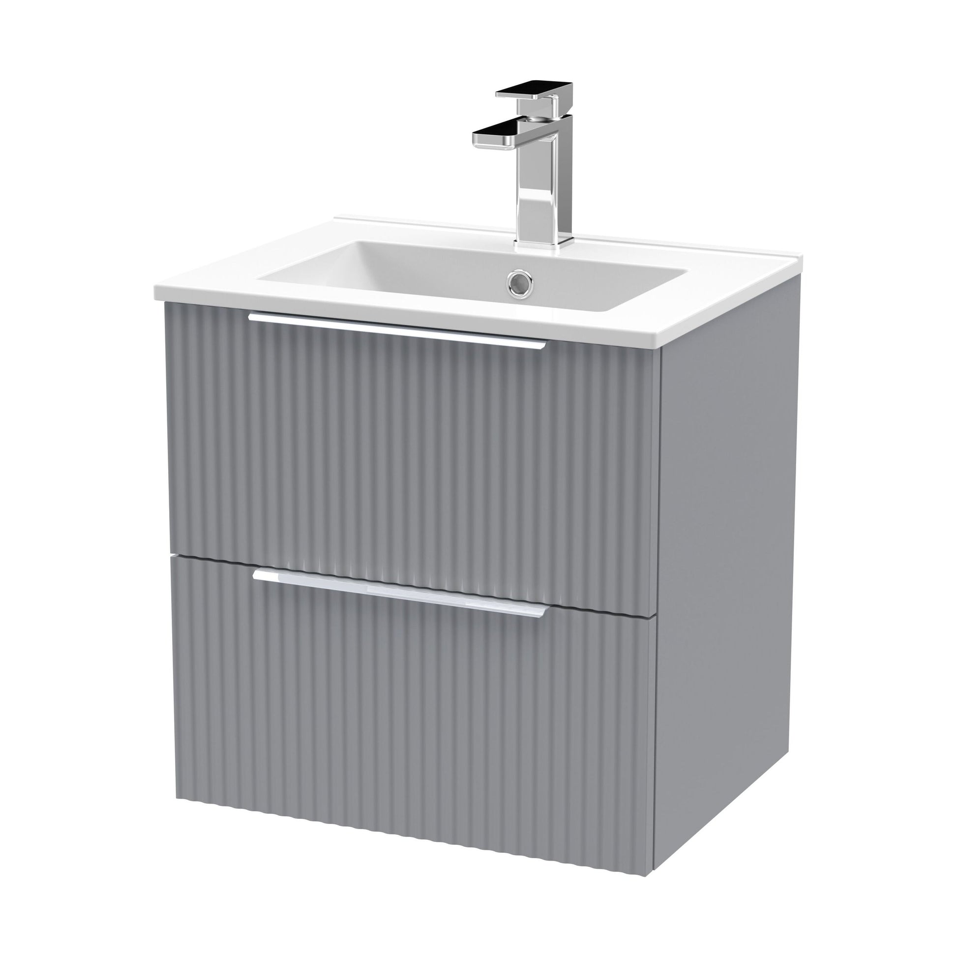 [BFFF292B] Tixall Fluted 2 Drawer Wall Hung Vanity Unit with Minimalist Basin, Satin Grey, 500mm - Cutout