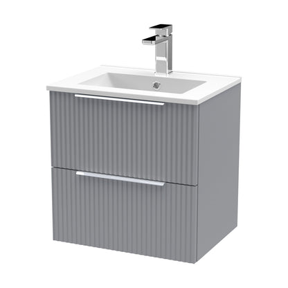 [BFFF292B] Tixall Fluted 2 Drawer Wall Hung Vanity Unit with Minimalist Basin, Satin Grey, 500mm - Cutout
