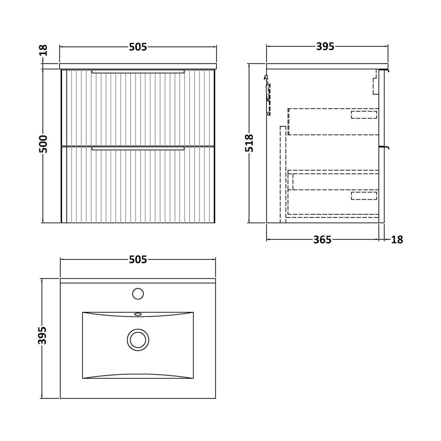 [BFFF292B] Tixall Fluted 2 Drawer Wall Hung Vanity Unit with Minimalist Basin, Satin Grey, 500mm - Technical Drawing