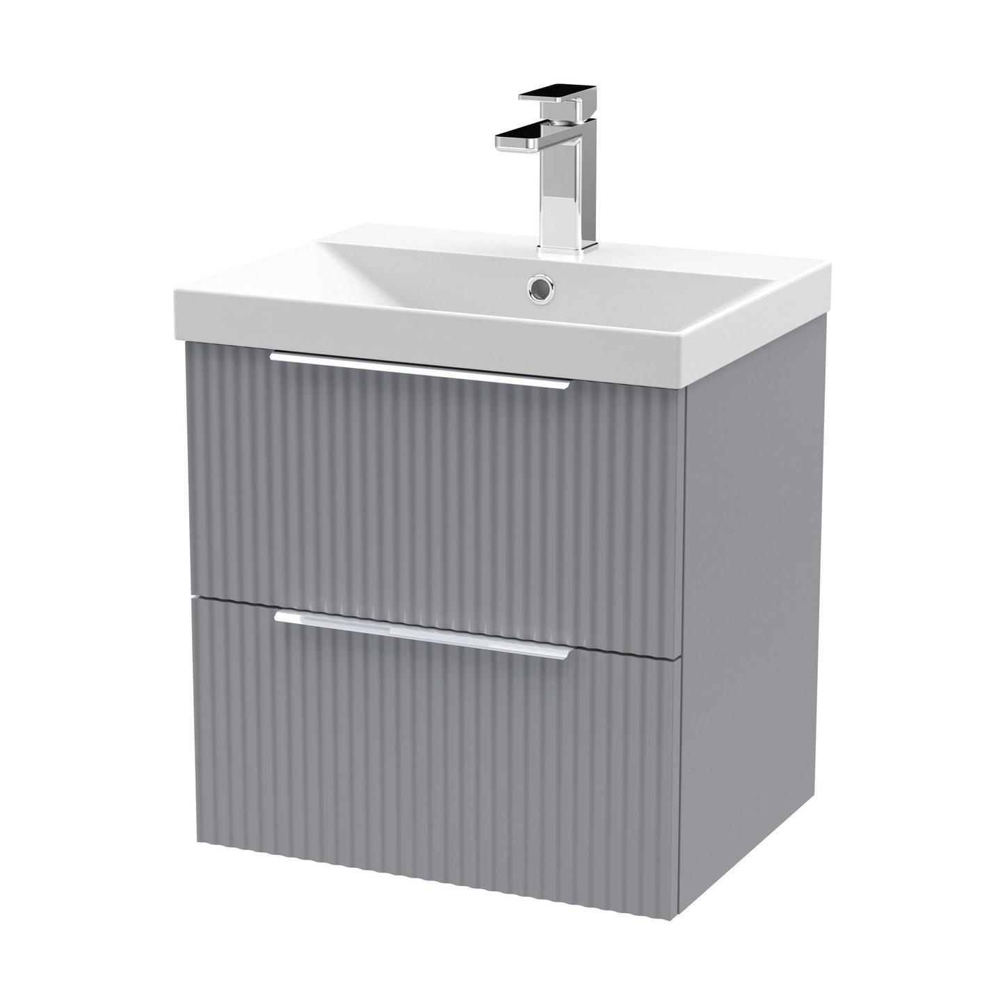 [BFFF292D] Tixall Fluted 2 Drawer Wall Hung Vanity Unit with Thin Edge Basin, Satin Grey, 500mm - Cutout