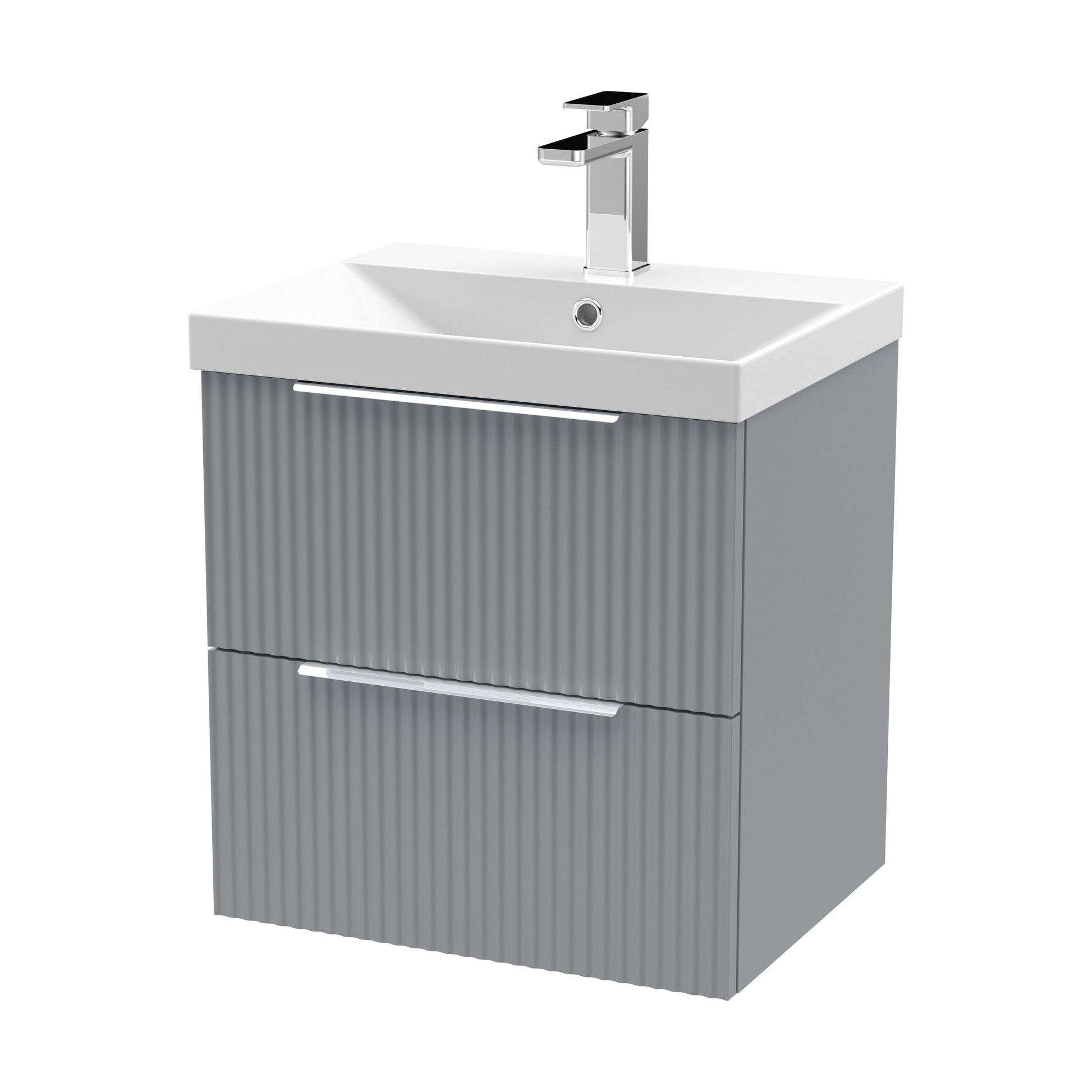 [BFFF292D] Tixall Fluted 2 Drawer Wall Hung Vanity Unit with Thin Edge Basin, Satin Grey, 500mm - Cutout