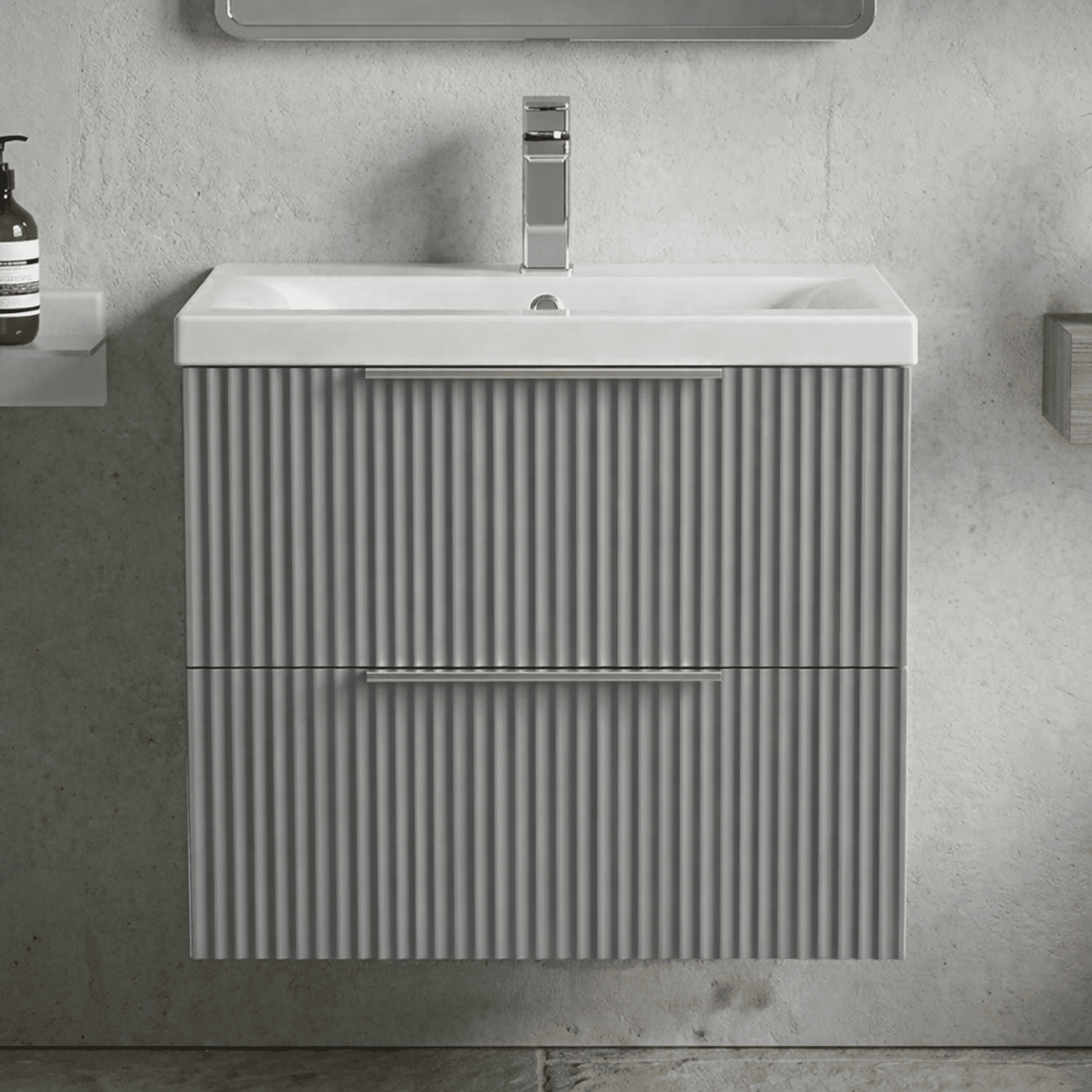 [BFFF293A] Tixall Fluted Front Wall Hung Vanity Basin Unit with Choice of Size, Colour and Handle Options - Silo