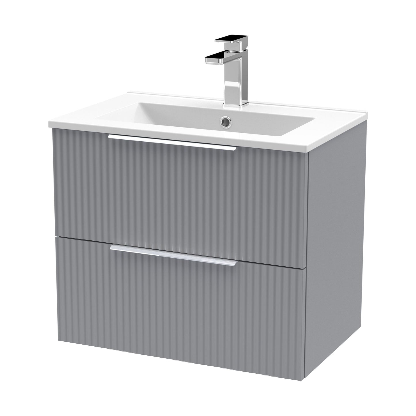 [BFFF293B] Tixall Fluted 2 Drawer Wall Hung Vanity Unit with Minimalist Basin, Satin Grey, 600mm - Cutout