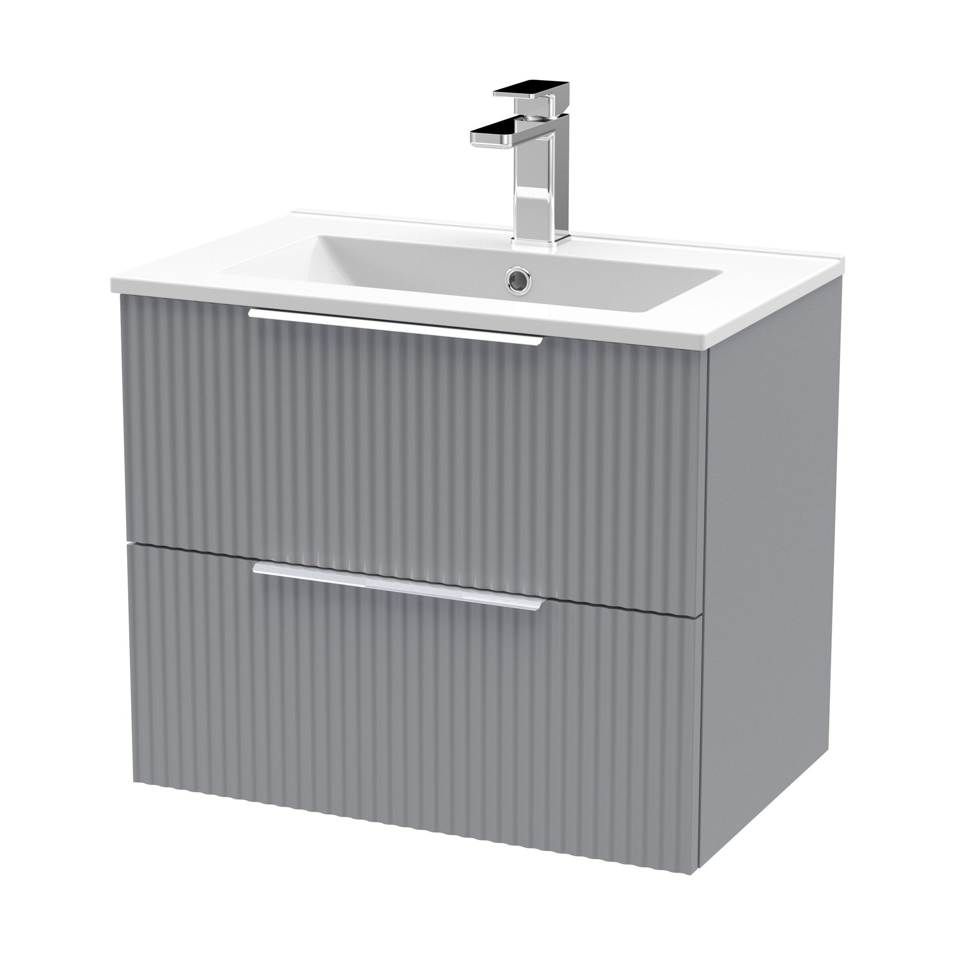 [BFFF293B] Tixall Fluted 2 Drawer Wall Hung Vanity Unit with Minimalist Basin, Satin Grey, 600mm - Cutout