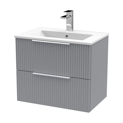 [BFFF293B] Tixall Fluted 2 Drawer Wall Hung Vanity Unit with Minimalist Basin, Satin Grey, 600mm - Cutout