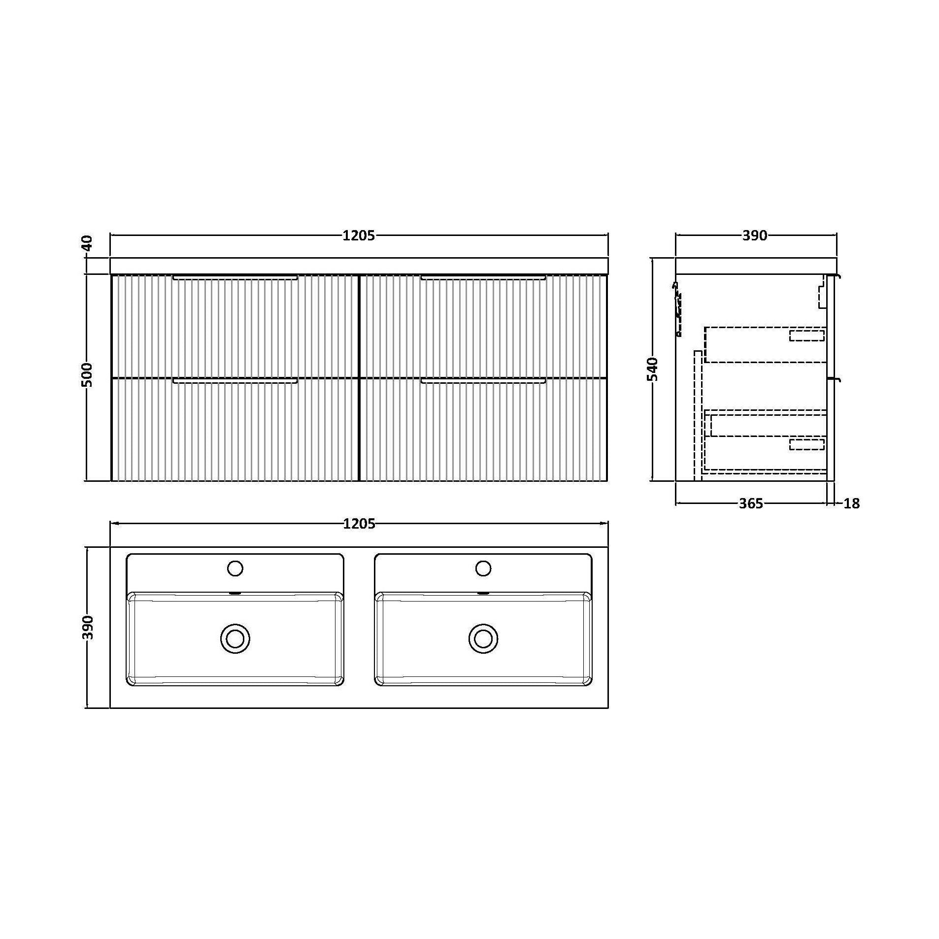 [BFFF293C] Tixall Fluted Front Wall Hung Vanity Basin Unit with Choice of Size, Colour and Handle Options - Technical Drawing