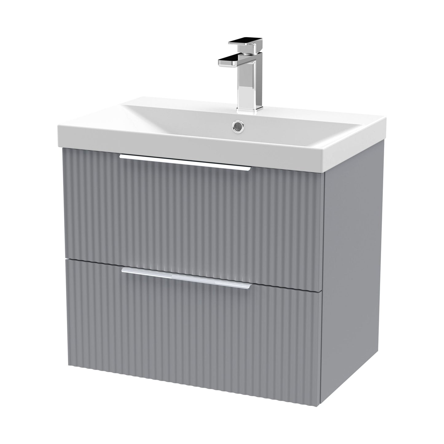 [BFFF293D] Tixall Fluted 2 Drawer Wall Hung Vanity Unit with Thin Edge Basin, Satin Grey, 600mm - Cutout